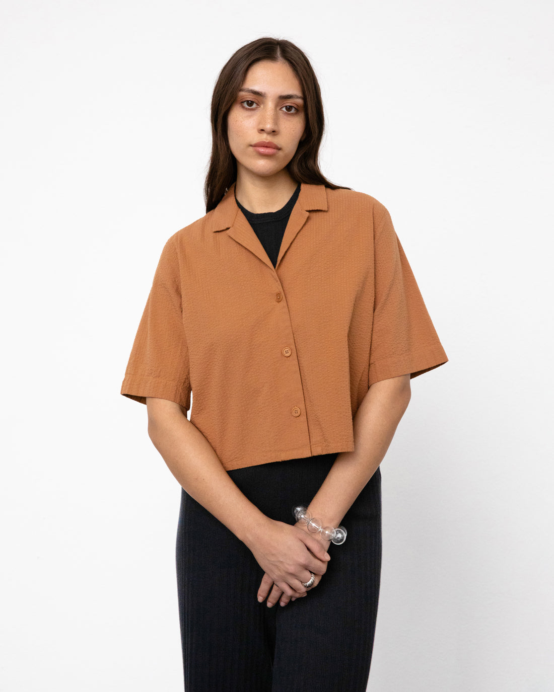 Short seersucker bowling shirt, organic cotton - caramel