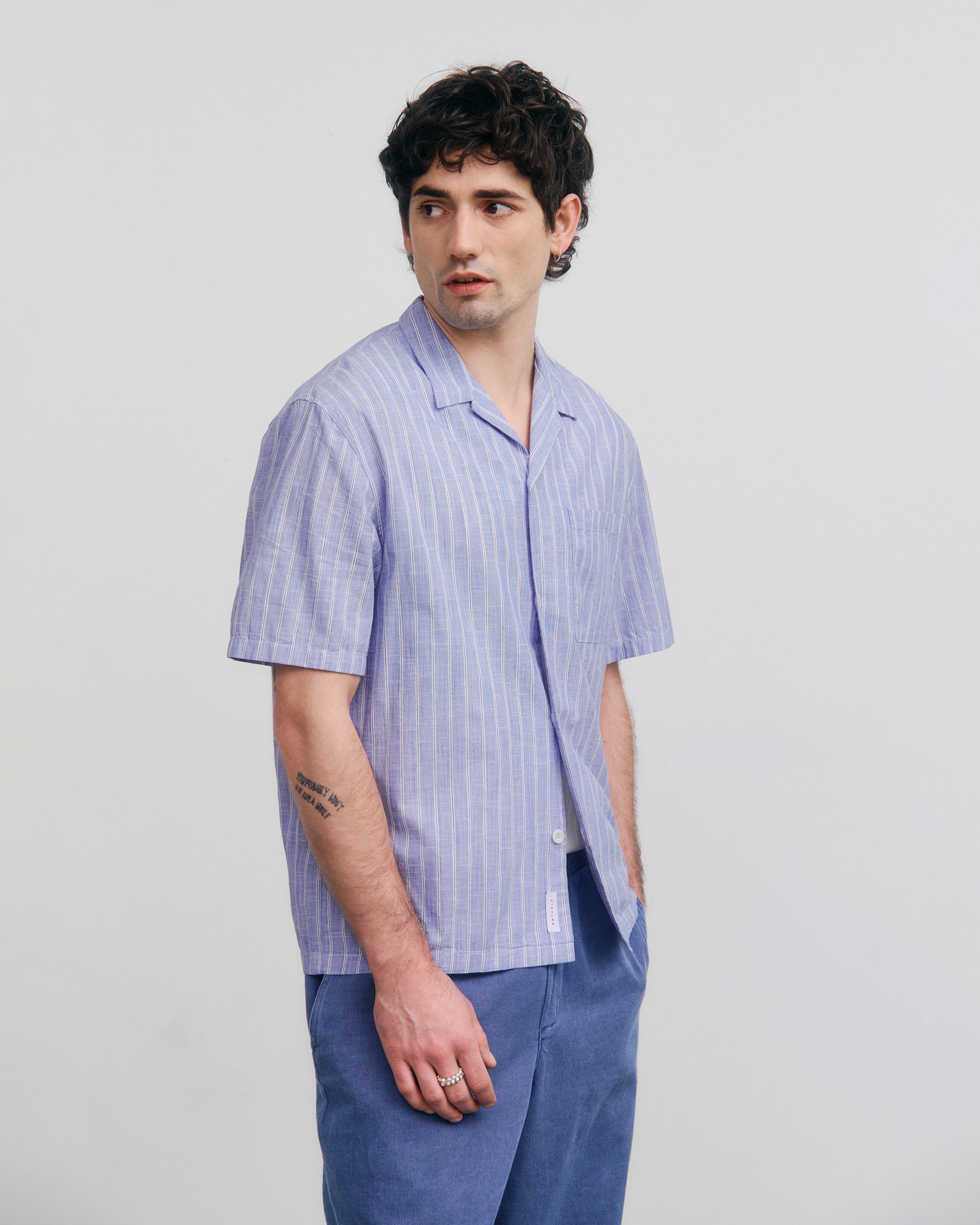 Striped Organic Cotton Bowling Shirt - Blue