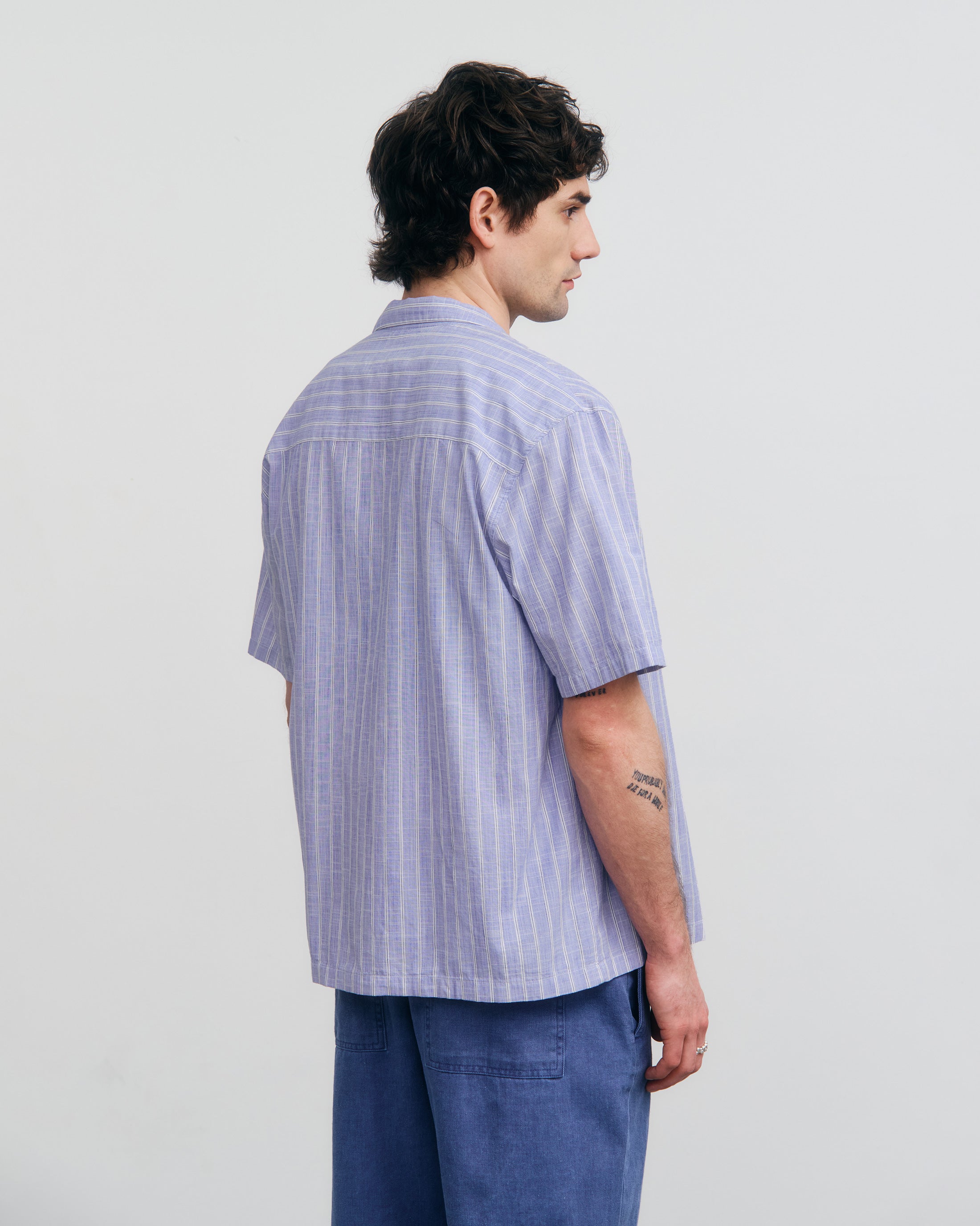 Striped Organic Cotton Bowling Shirt - Blue