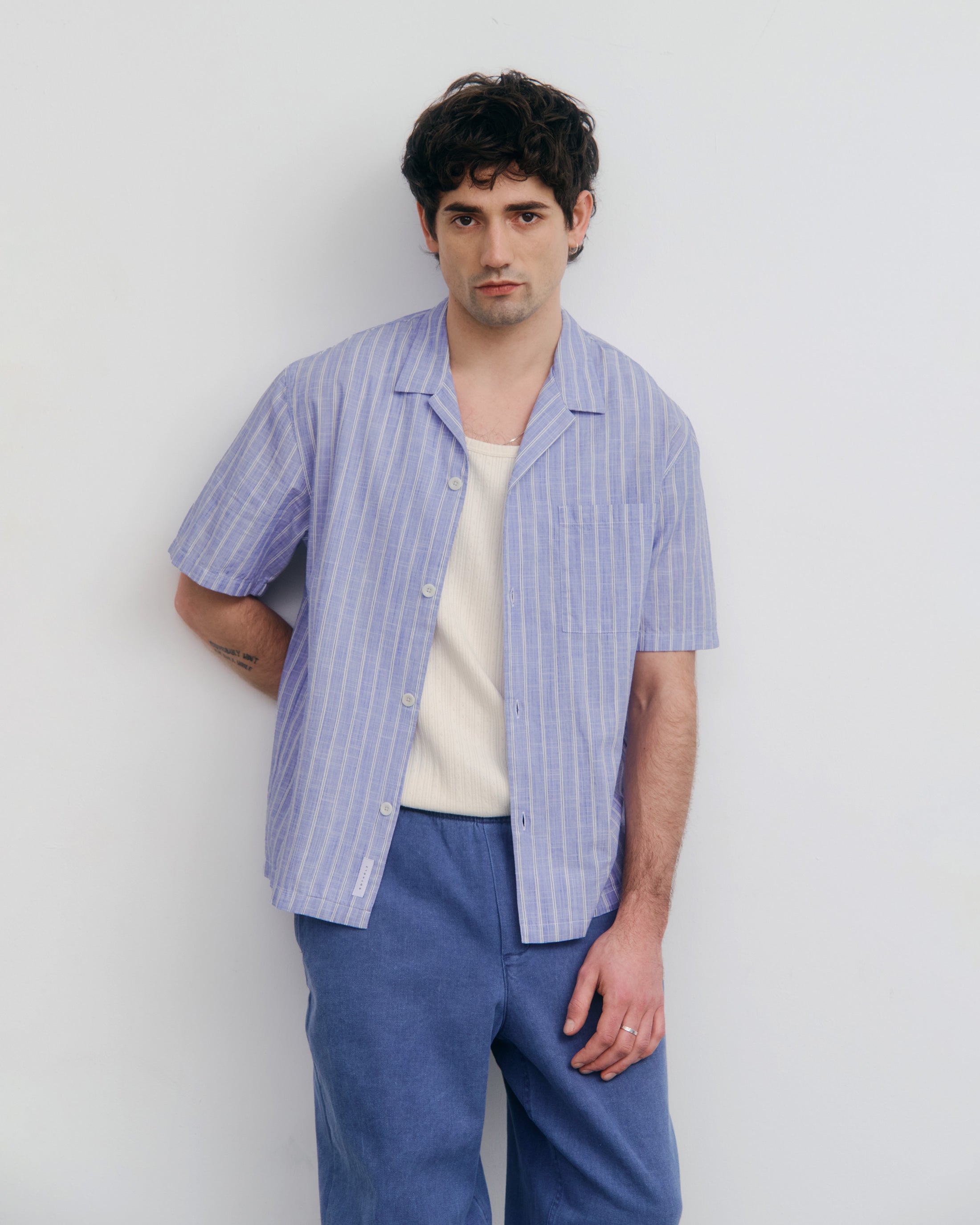 Striped Organic Cotton Bowling Shirt - Blue