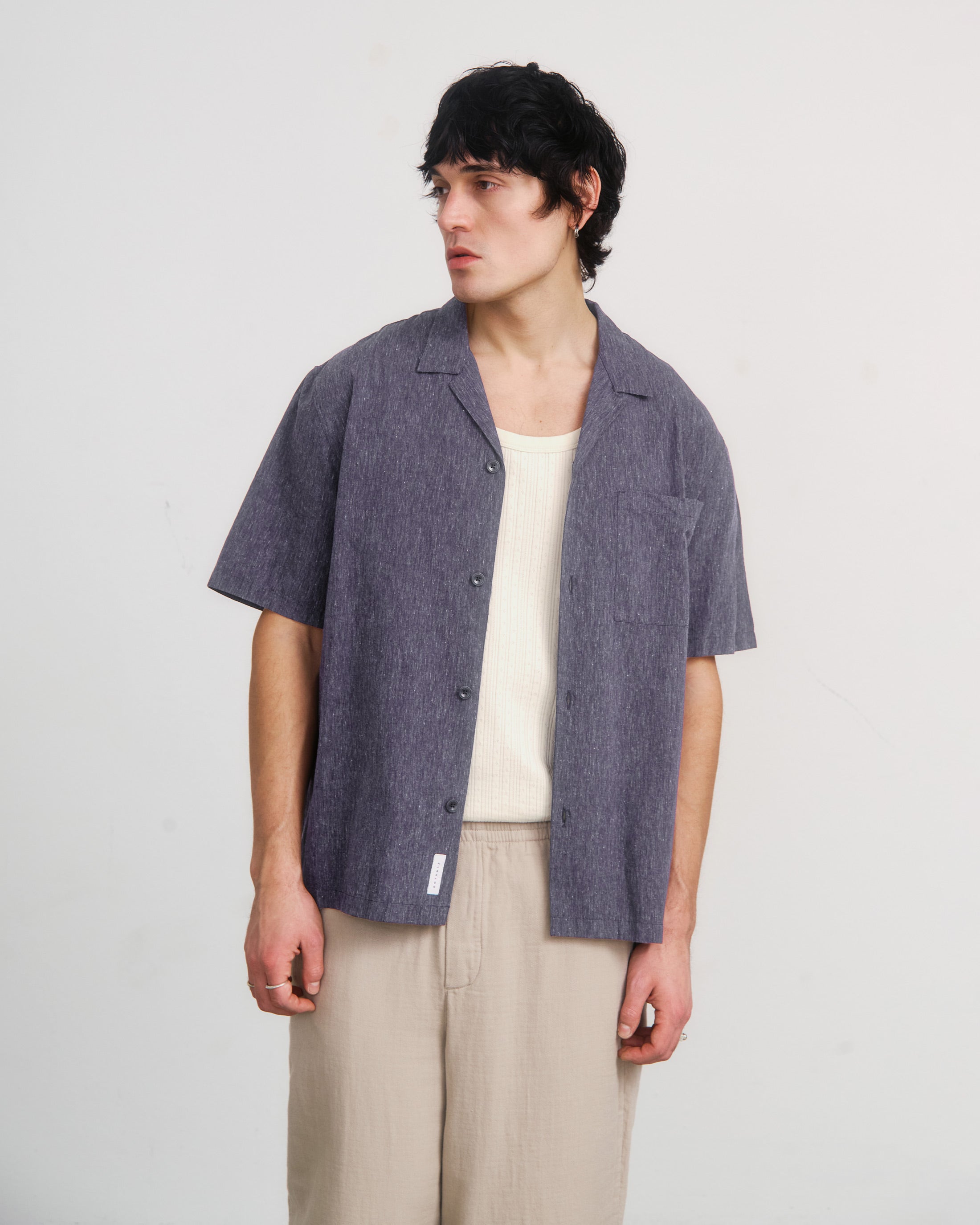 Melange Organic Cotton Bowling Shirt - Blue
