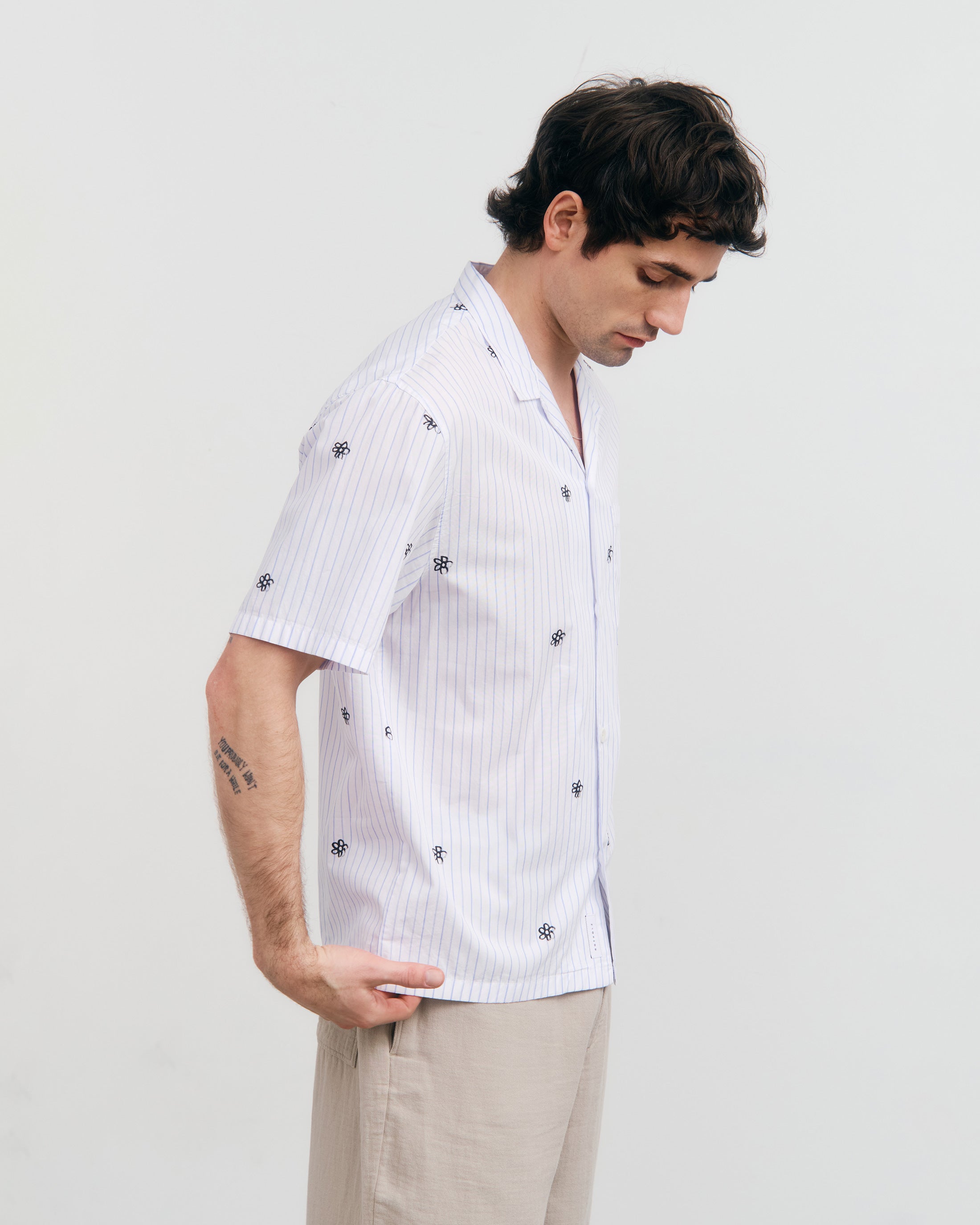 Flower Print Bowling Shirt Organic Cotton - Striped