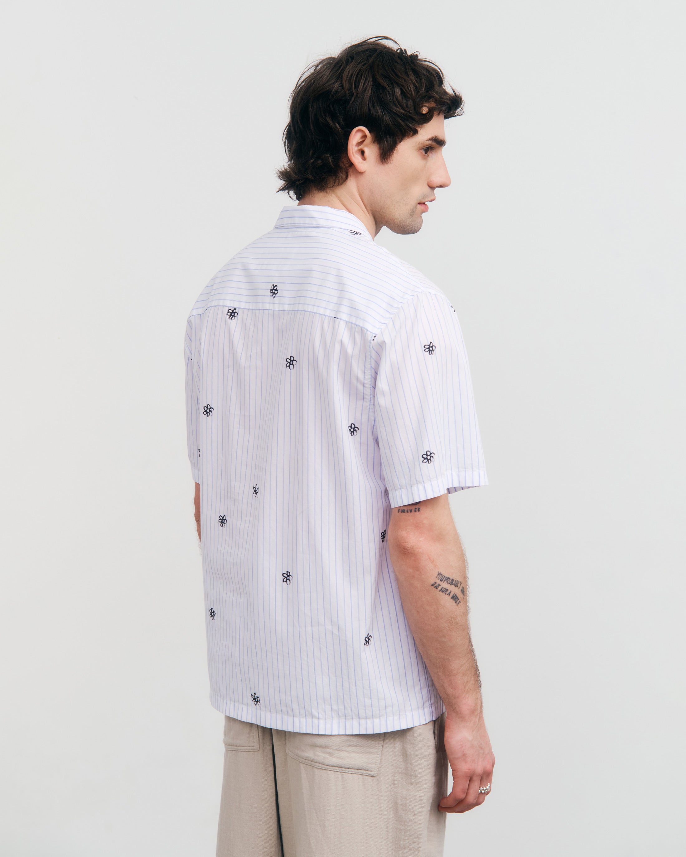 Flower Print Bowling Shirt Organic Cotton - Striped