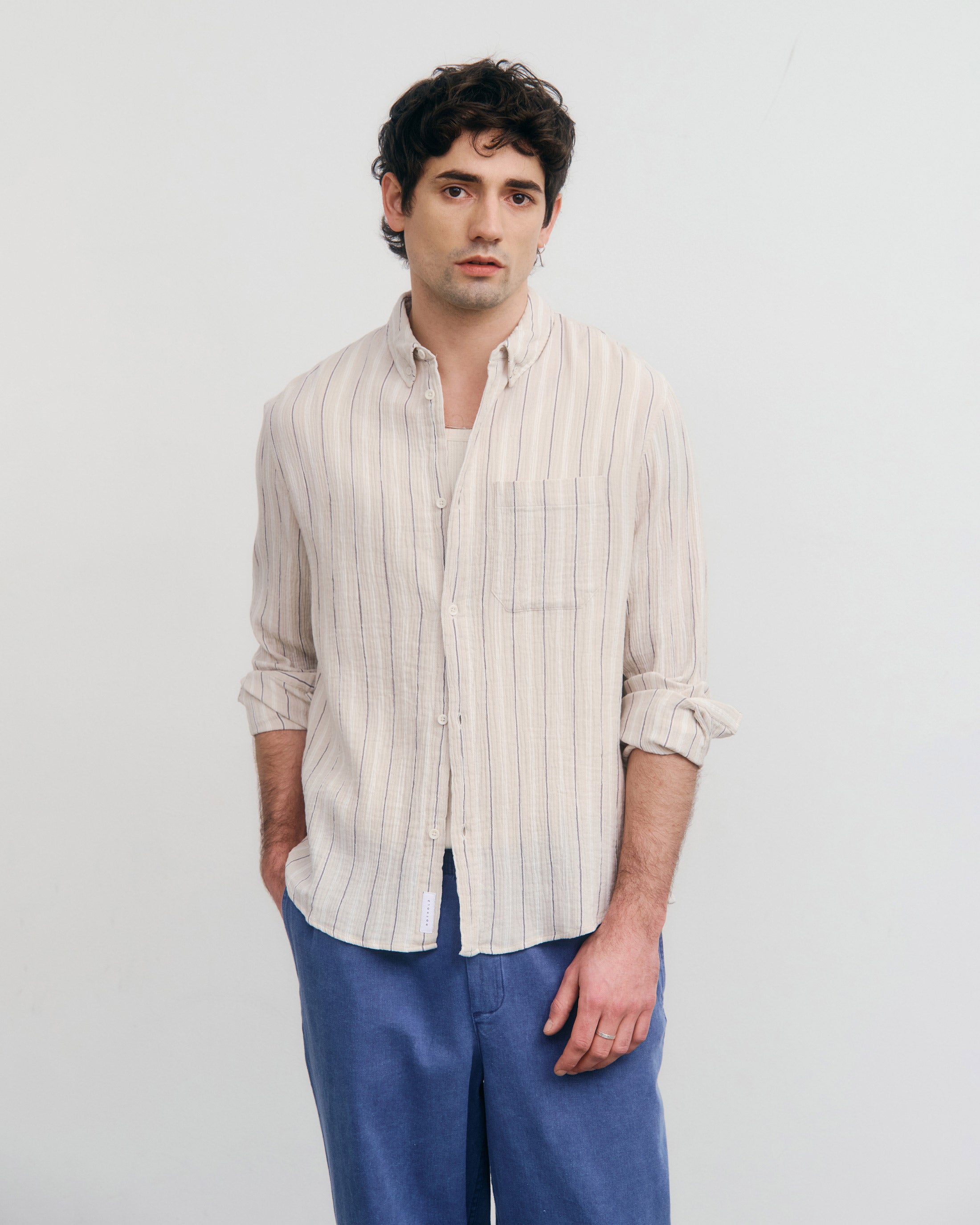 Muslin Shirt Organic Cotton - Beige Striped