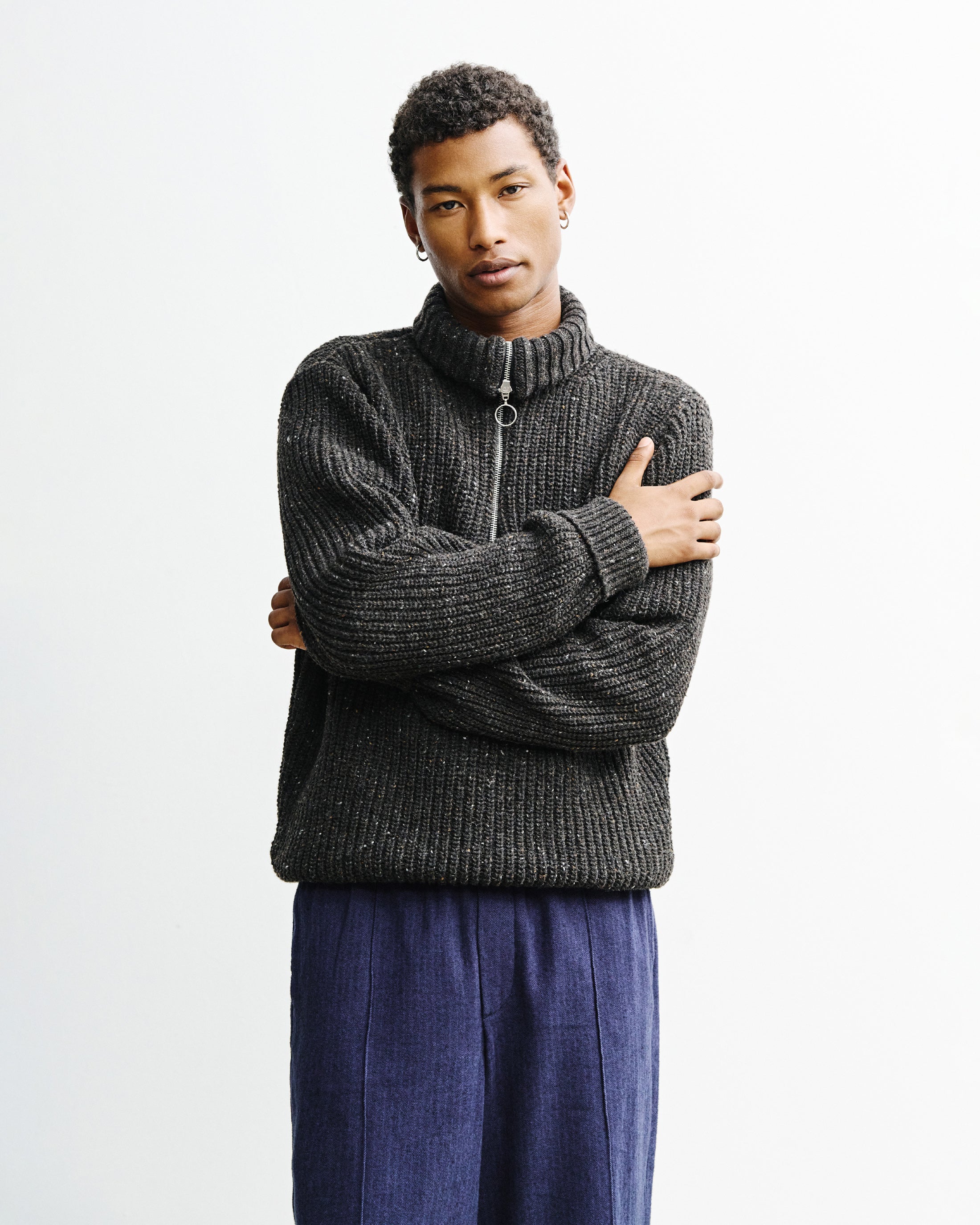 Chunky Knit Troyer - Speckled Black FW26