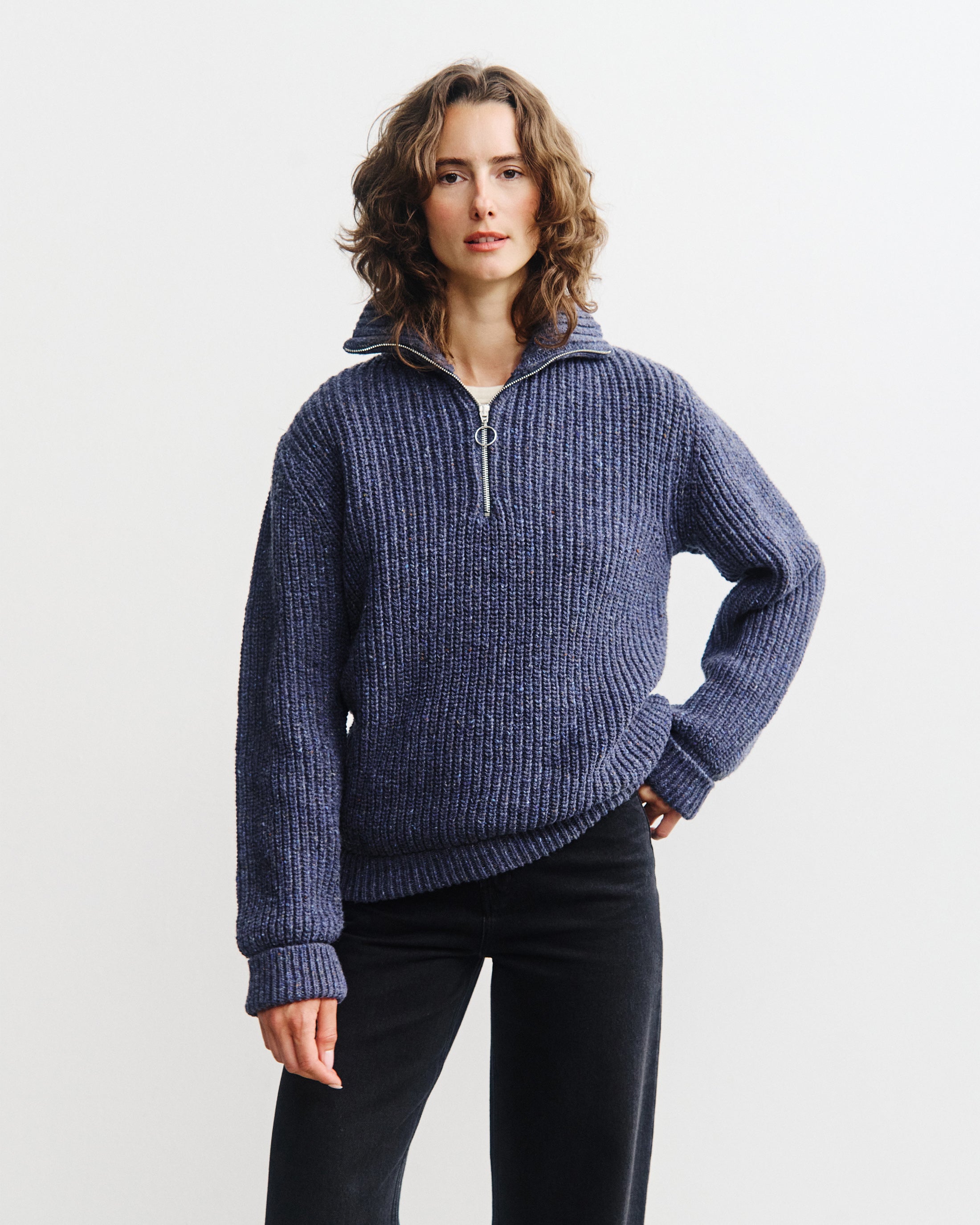 Chunky Knit Troyer - Speckled Blue FW26