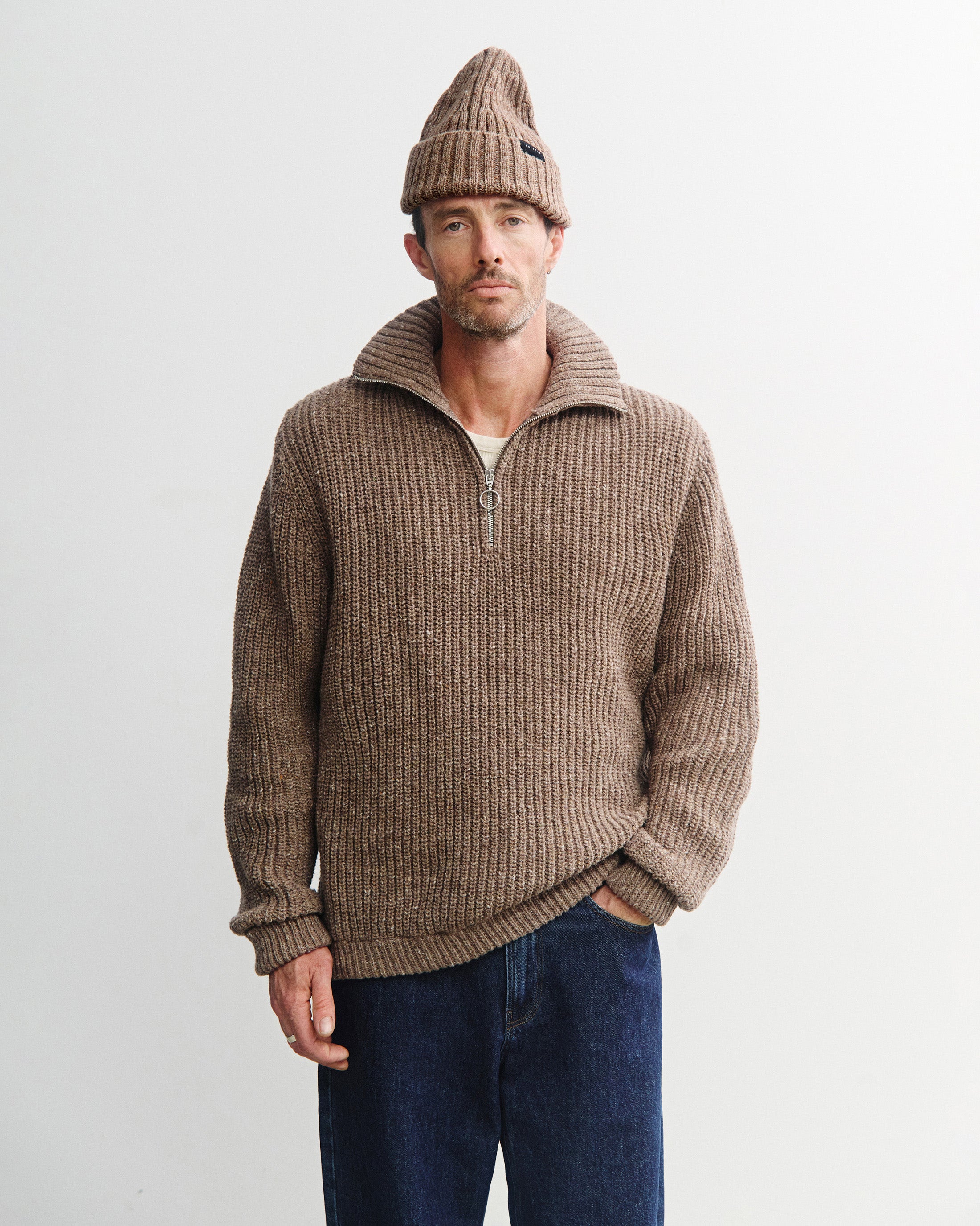 Chunky Knit Troyer - Speckled Brown FW26