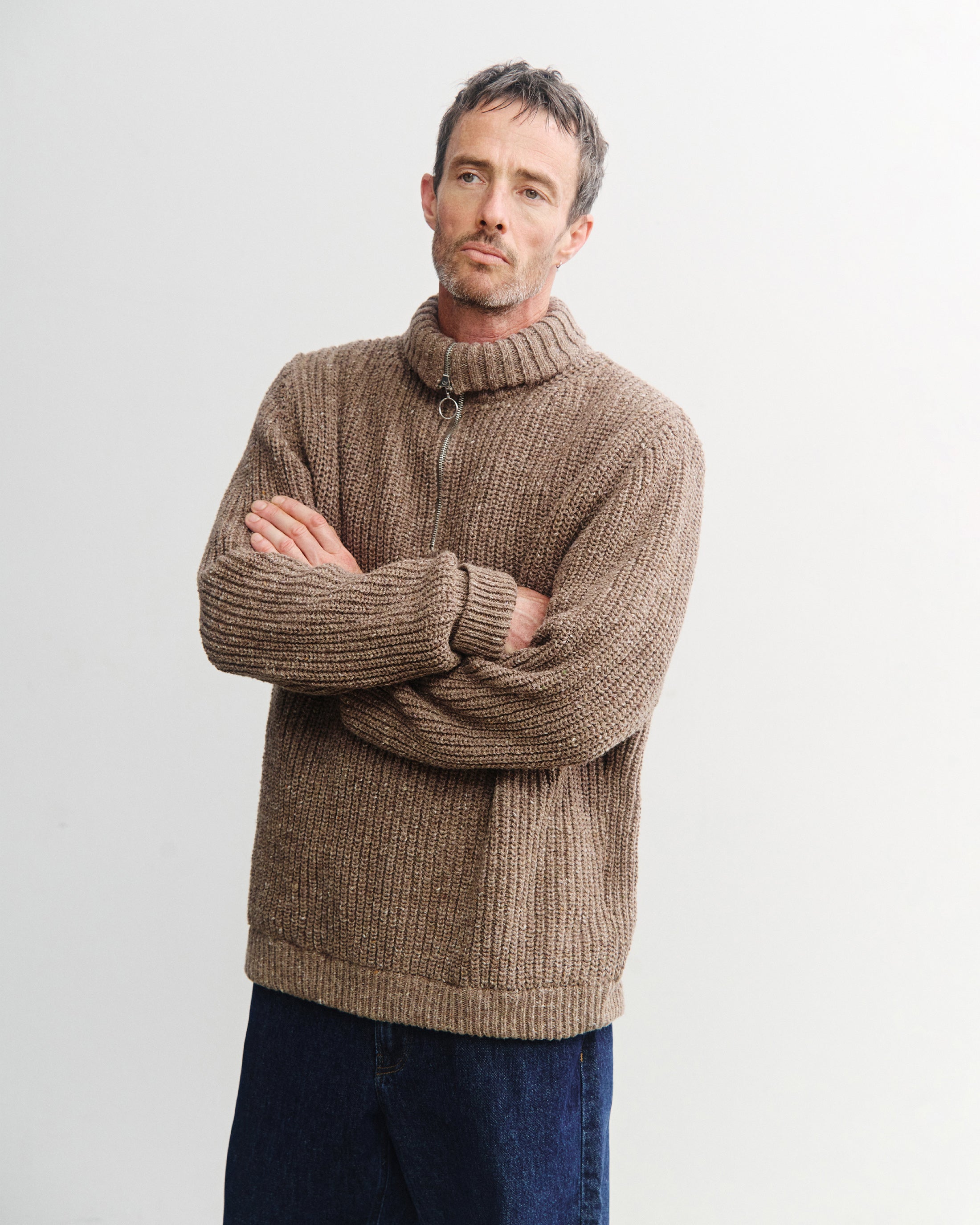 Chunky Knit Troyer - Speckled Brown FW26
