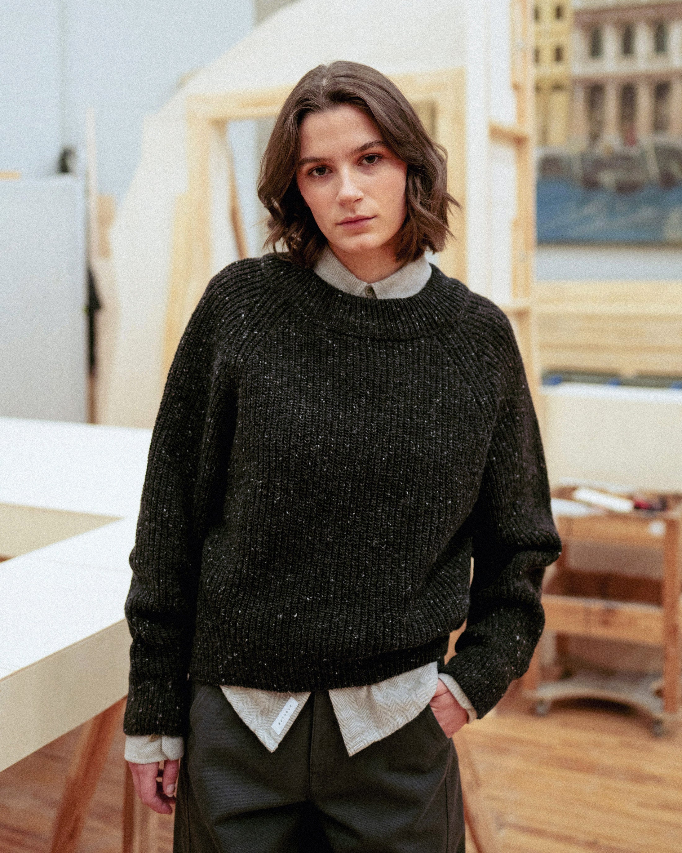 Cropped Knit Sweater - Speckled Black FW26