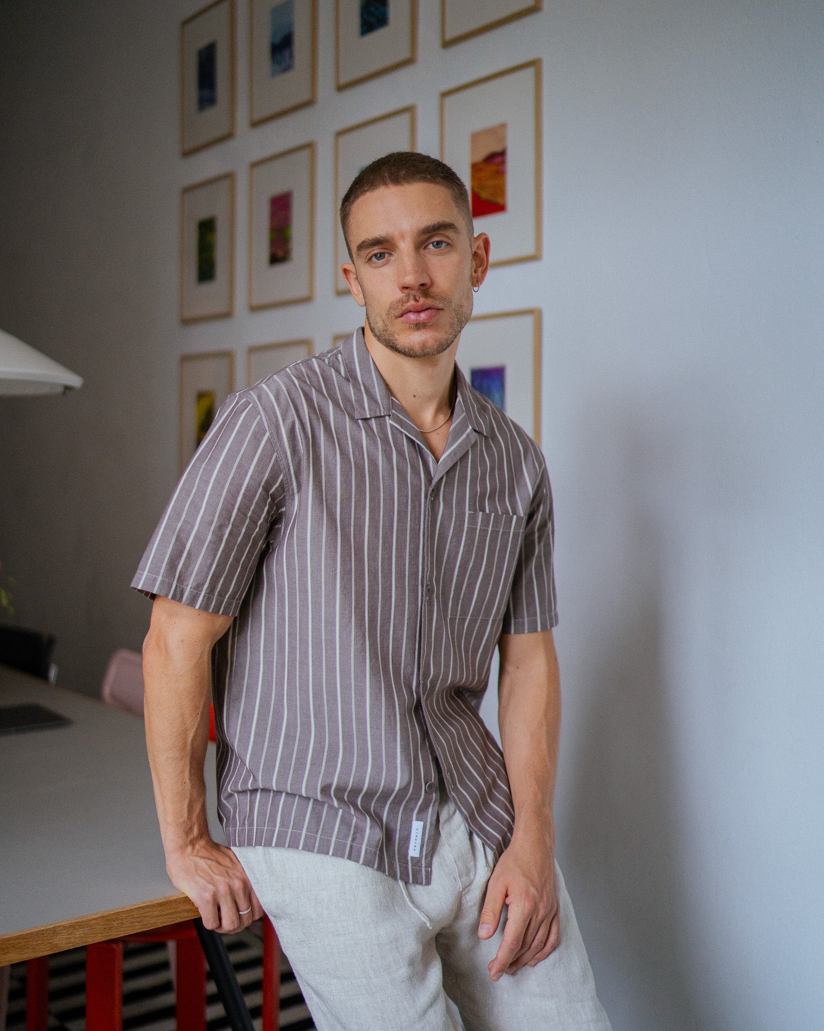 Striped Organic Cotton Bowling Shirt - Brown