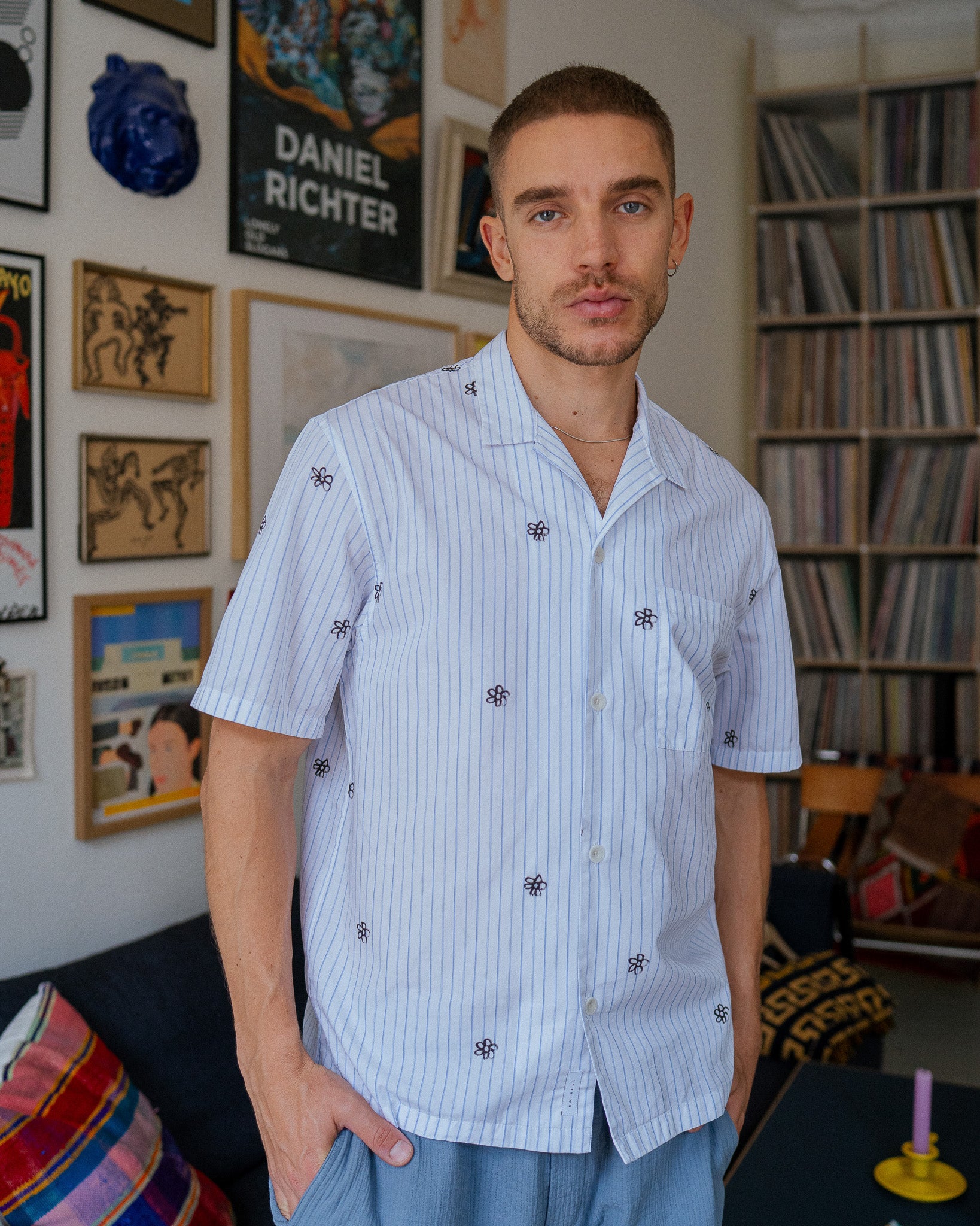 Flower Print Bowling Shirt Organic Cotton - Striped