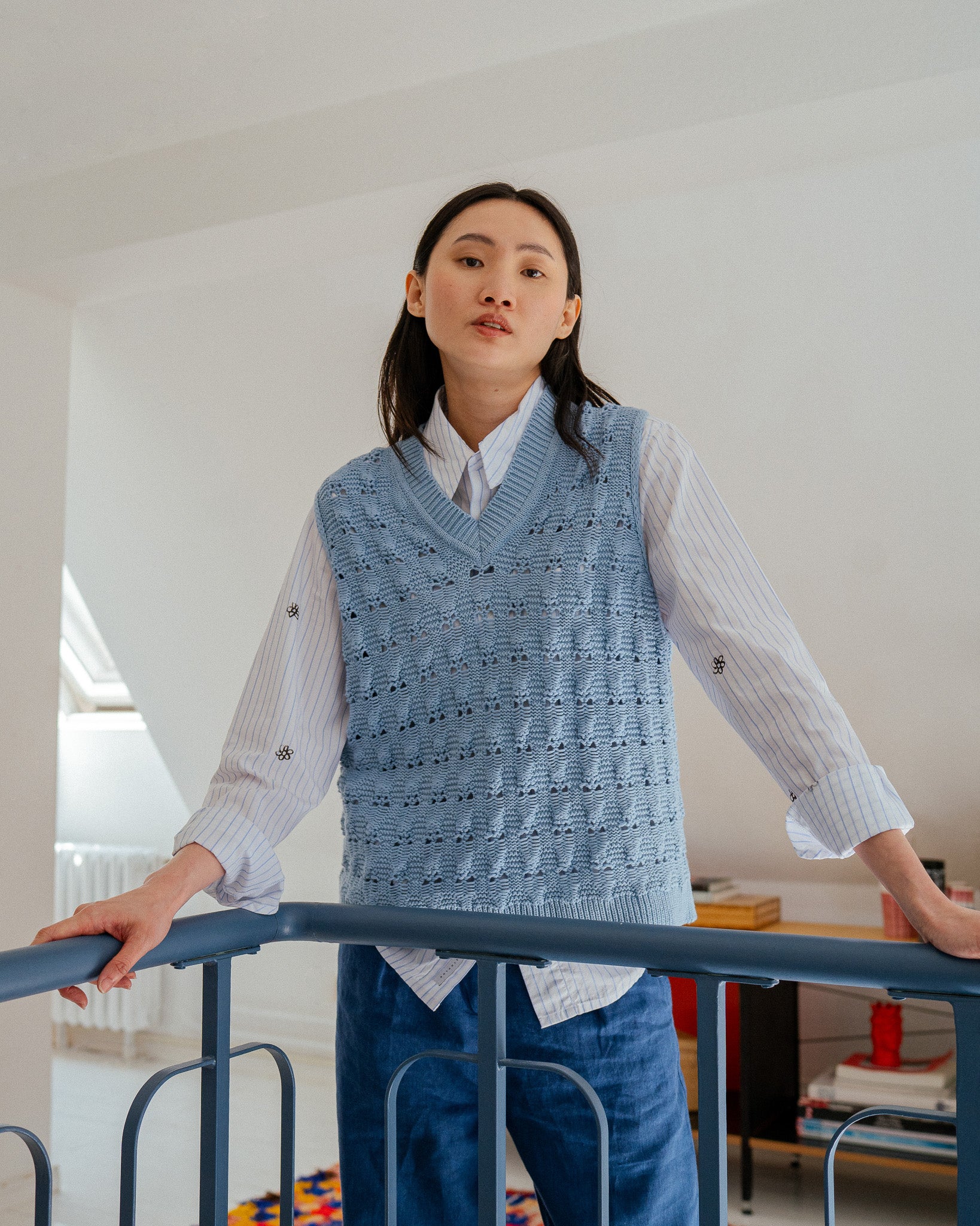 Wide Knit Vest Organic Cotton - Soft Blue