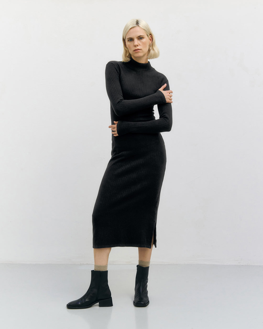 Heavyweight mockneck dress, organic cotton - black