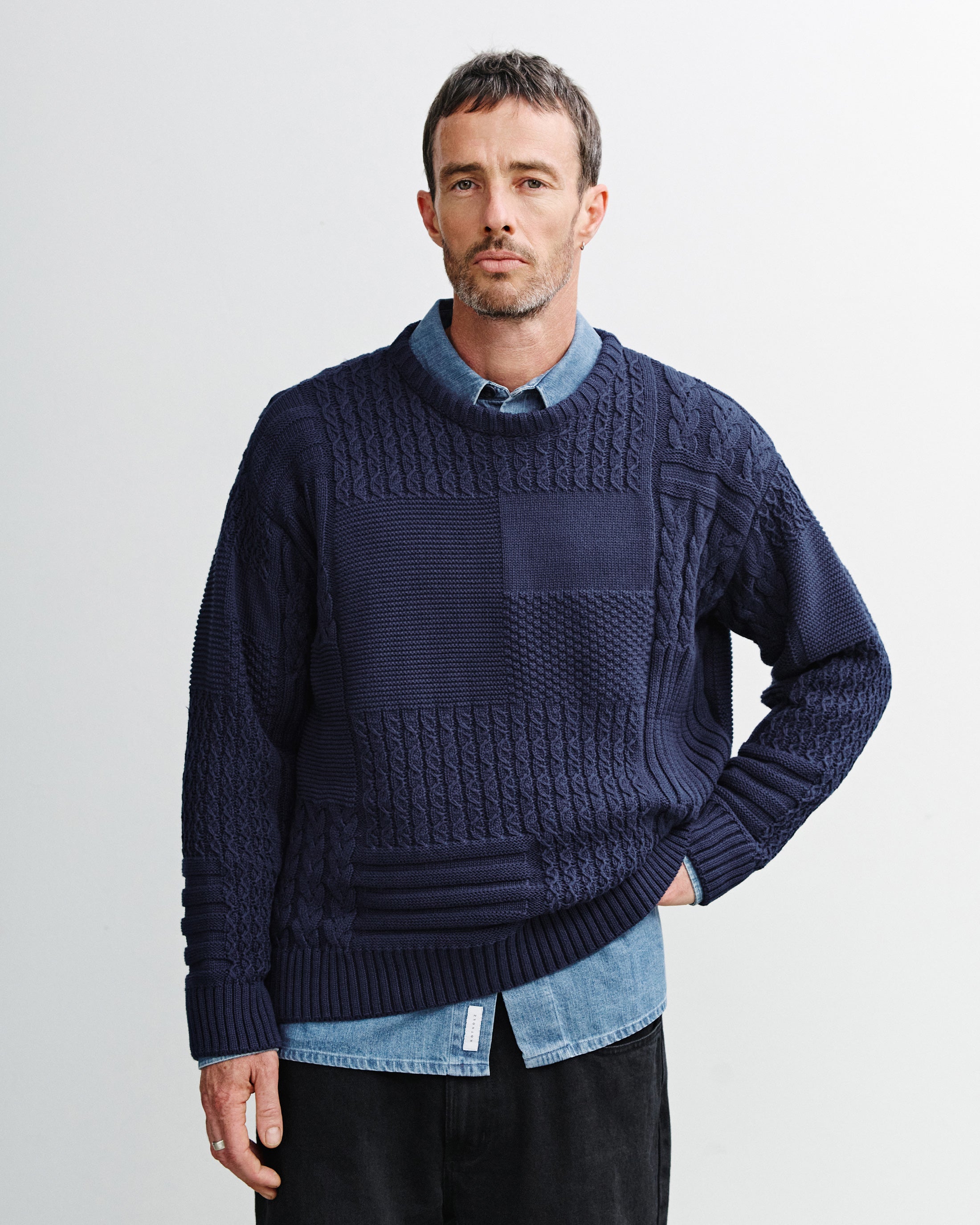 Patchwork Knit Sweatshirt Organic Cotton - Dark Blue