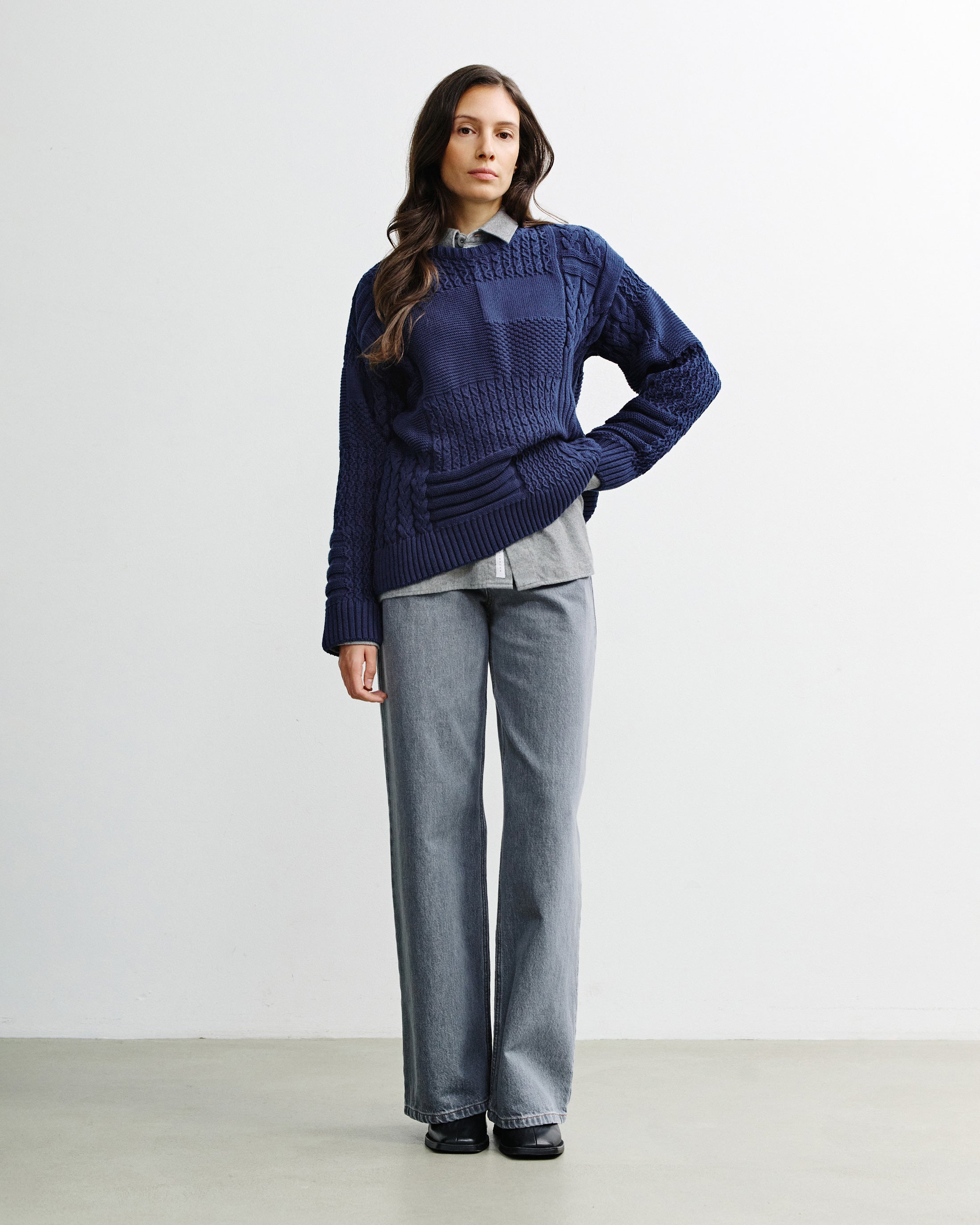 Patchwork Knit Sweatshirt Organic Cotton - Dark Blue