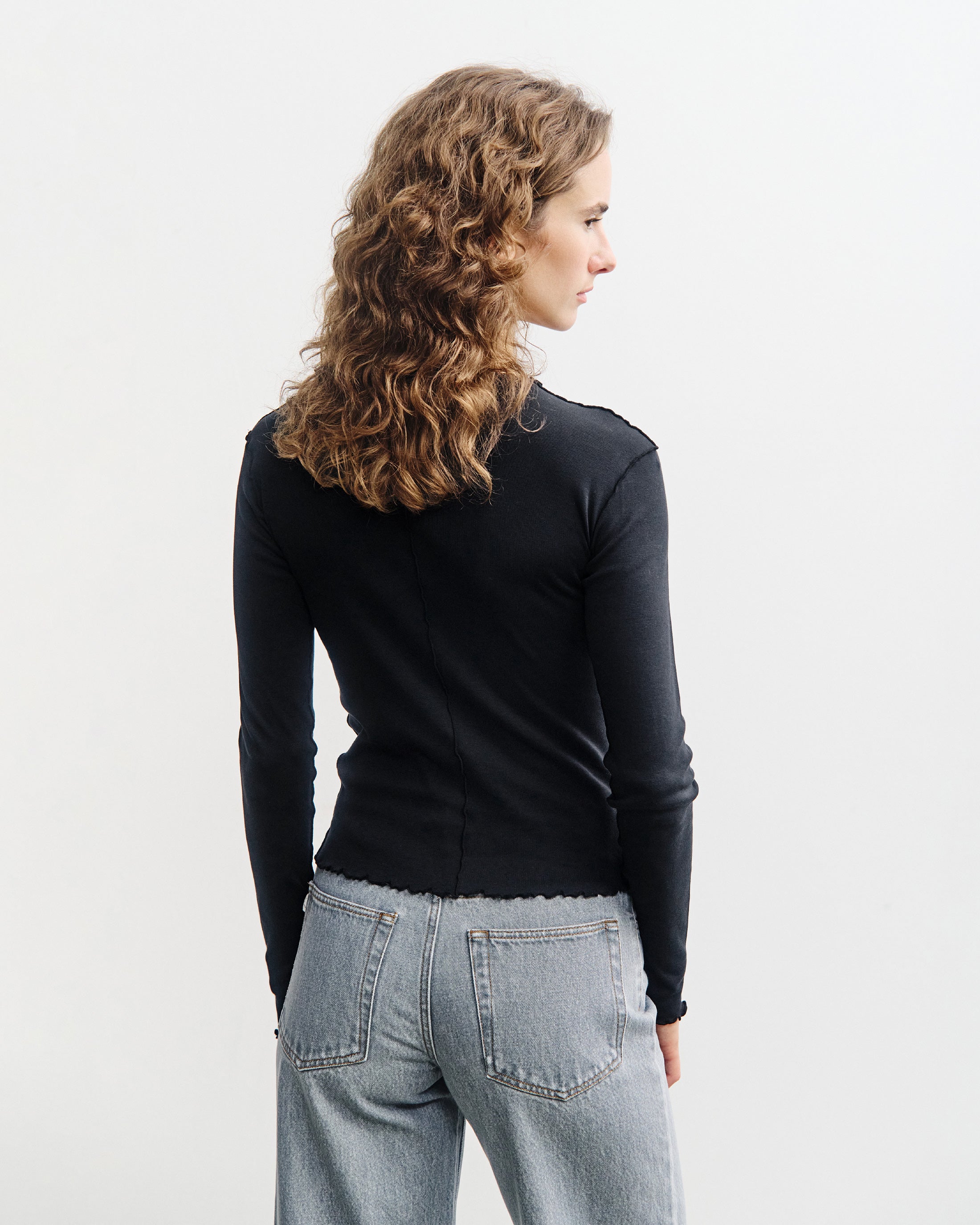 Pin-Tucked Long-Sleeve Organic Cotton - Black