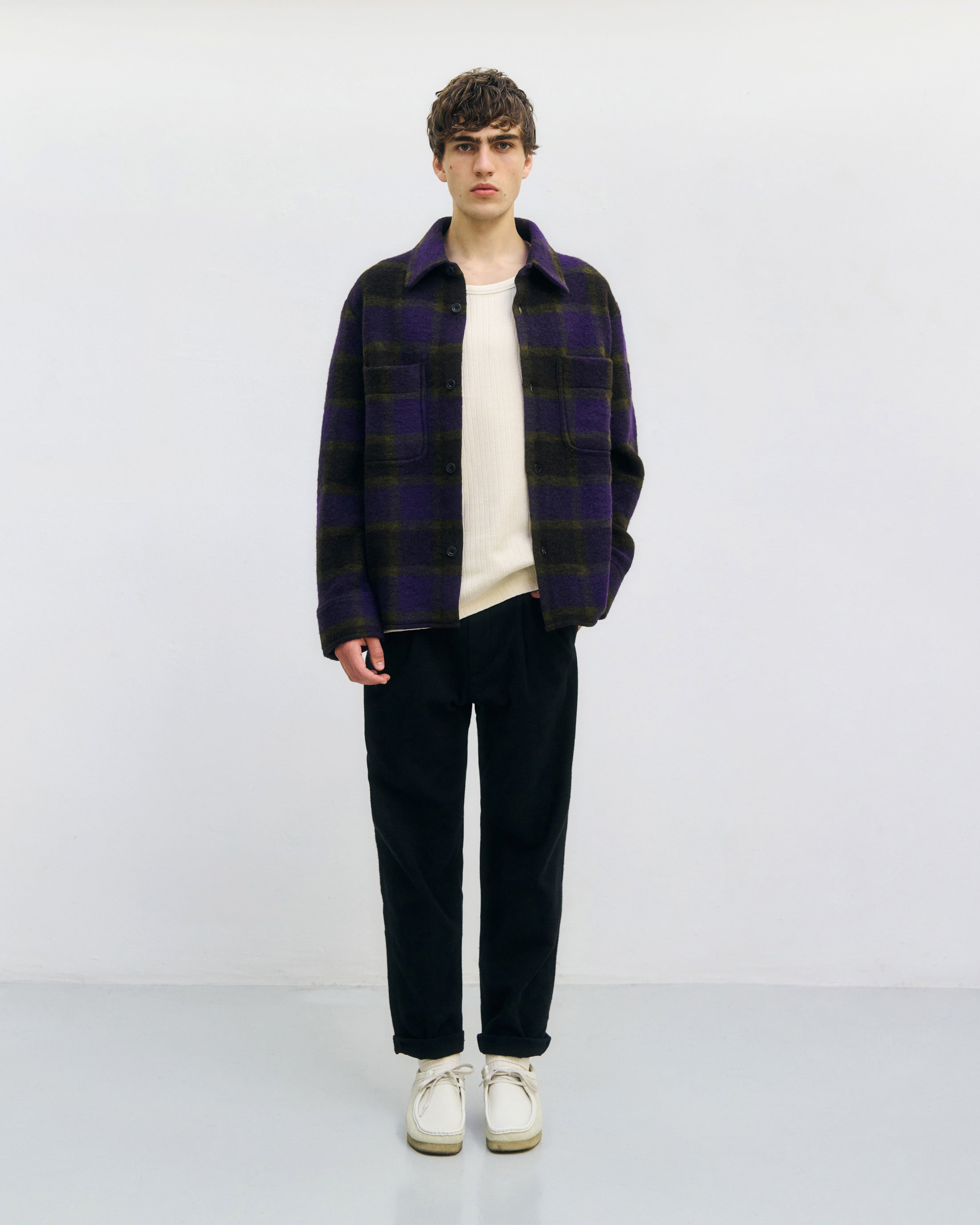 Heavyweight organic wool blend overshirt - Purple checkered