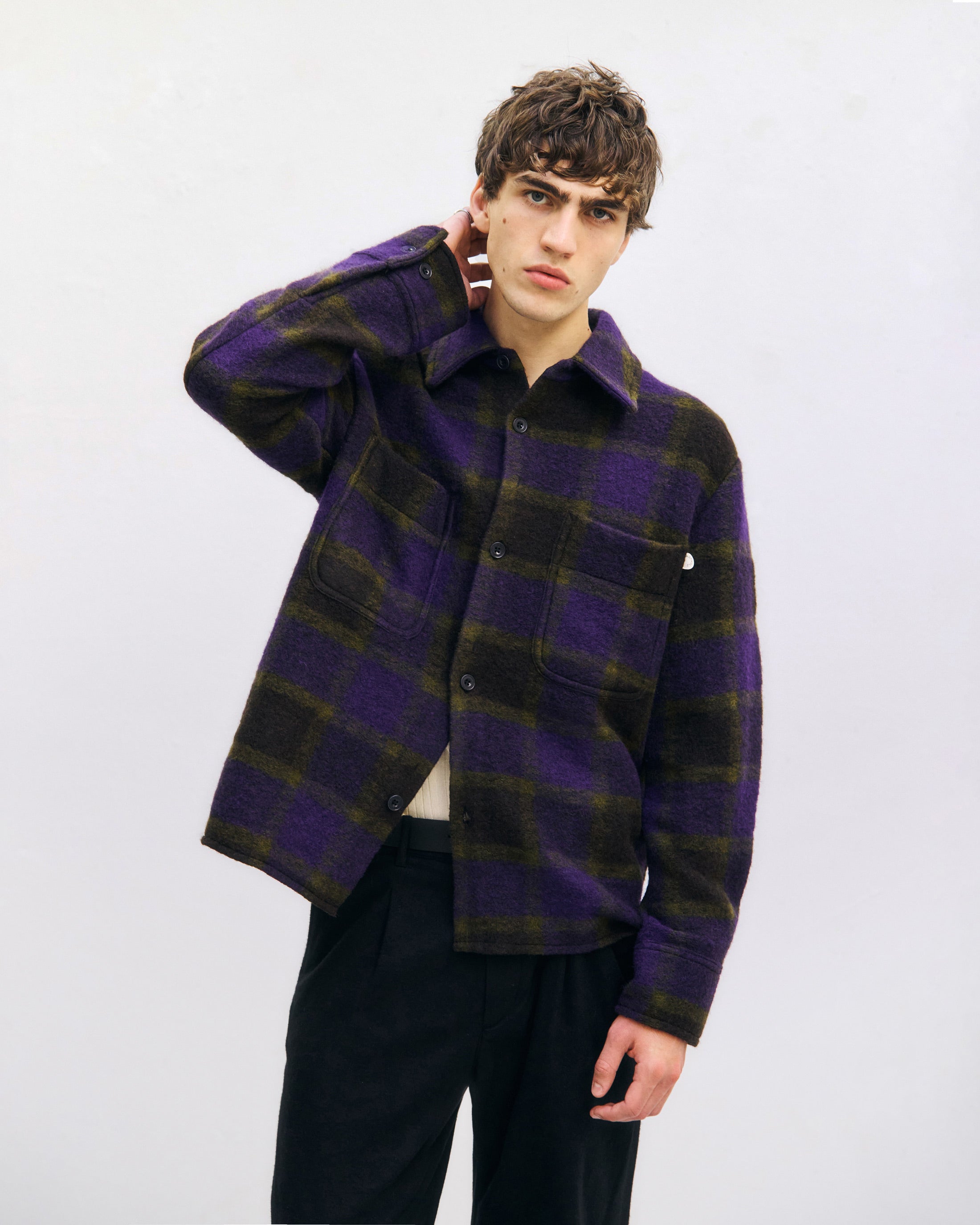 Heavyweight organic wool blend overshirt - Purple checkered