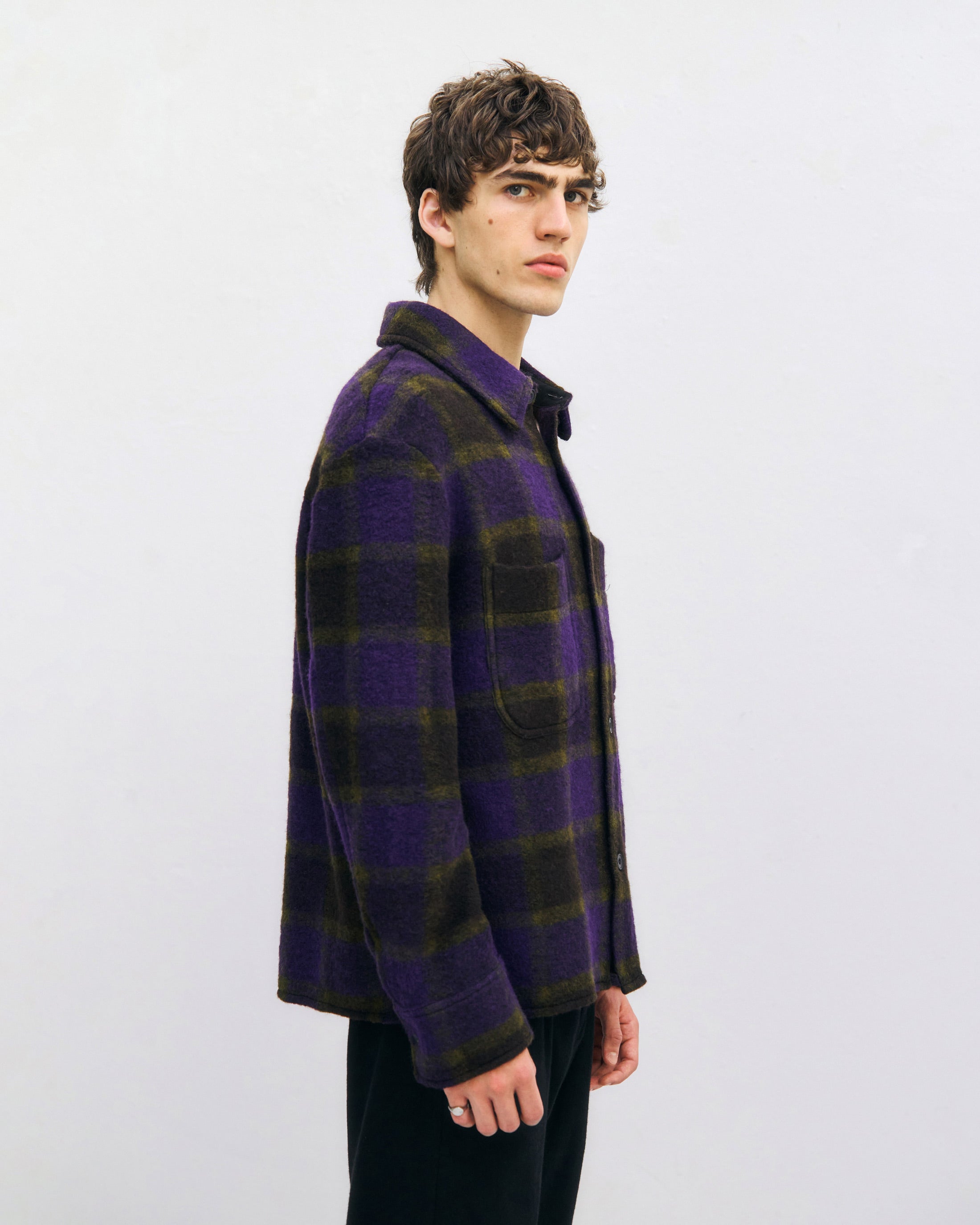 Heavyweight organic wool blend overshirt - Purple checkered