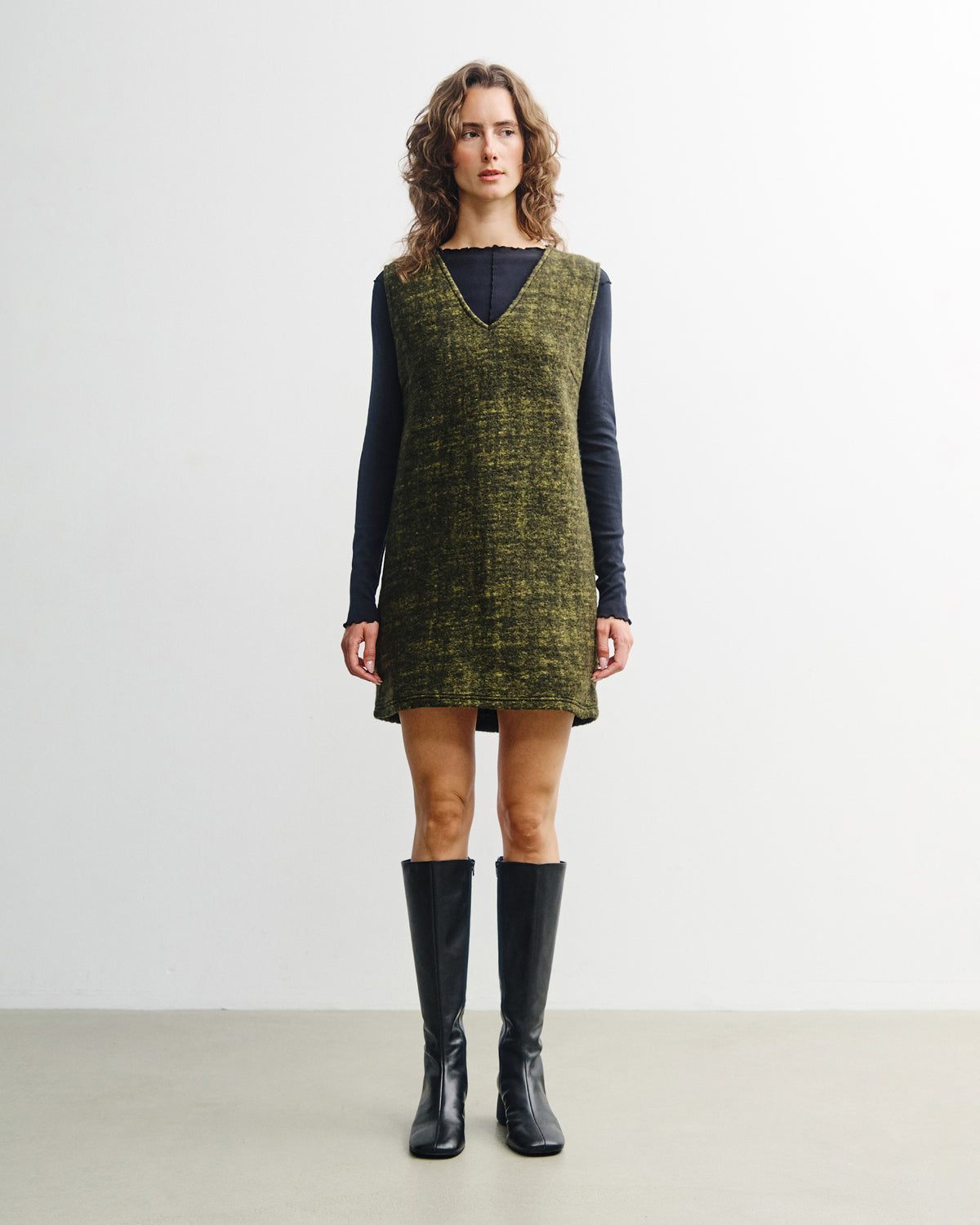 V-Neck Dress Wool Blend - Speckled Green