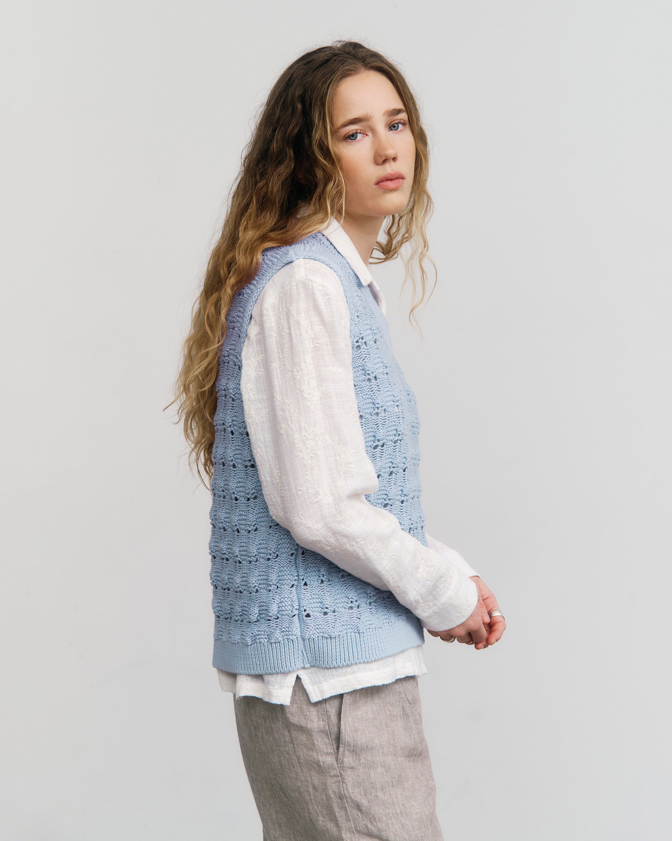 Weite Strick Weste Bio Baumwolle - Hellblau