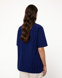 Seersucker Bowling Shirt Bio Baumwolle - Dunkelblau