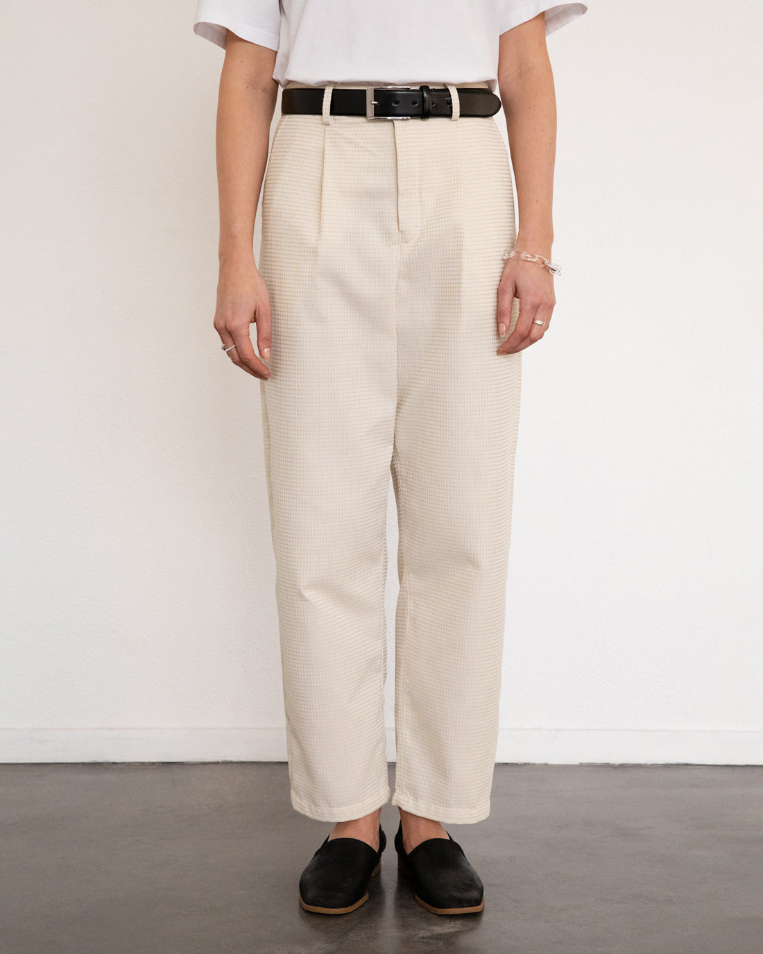 High-waisted waffle trousers, organic cotton - Cream