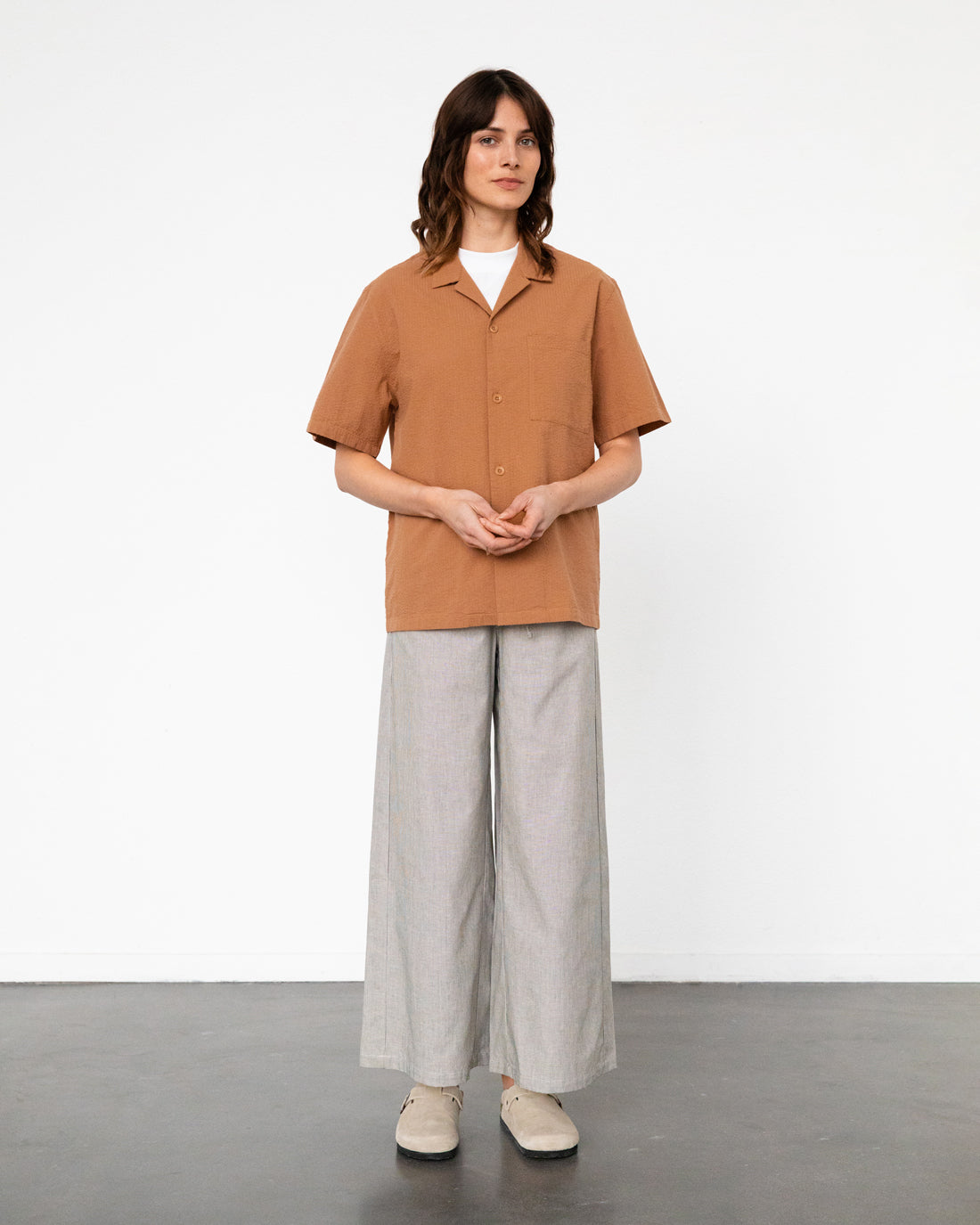 Seersucker Bowling Shirt Organic Cotton - Caramel
