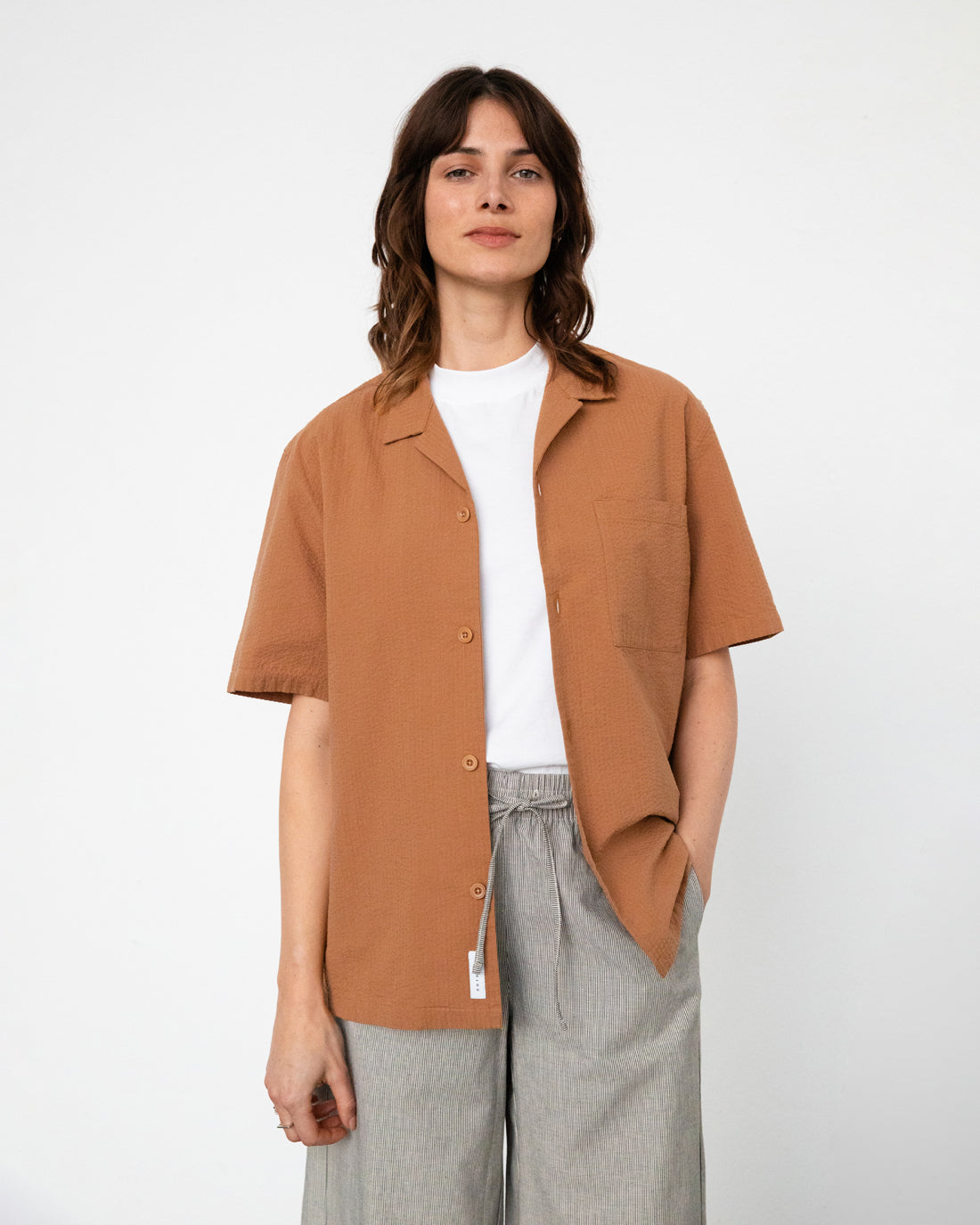 Seersucker Bowling Shirt Organic Cotton - Caramel