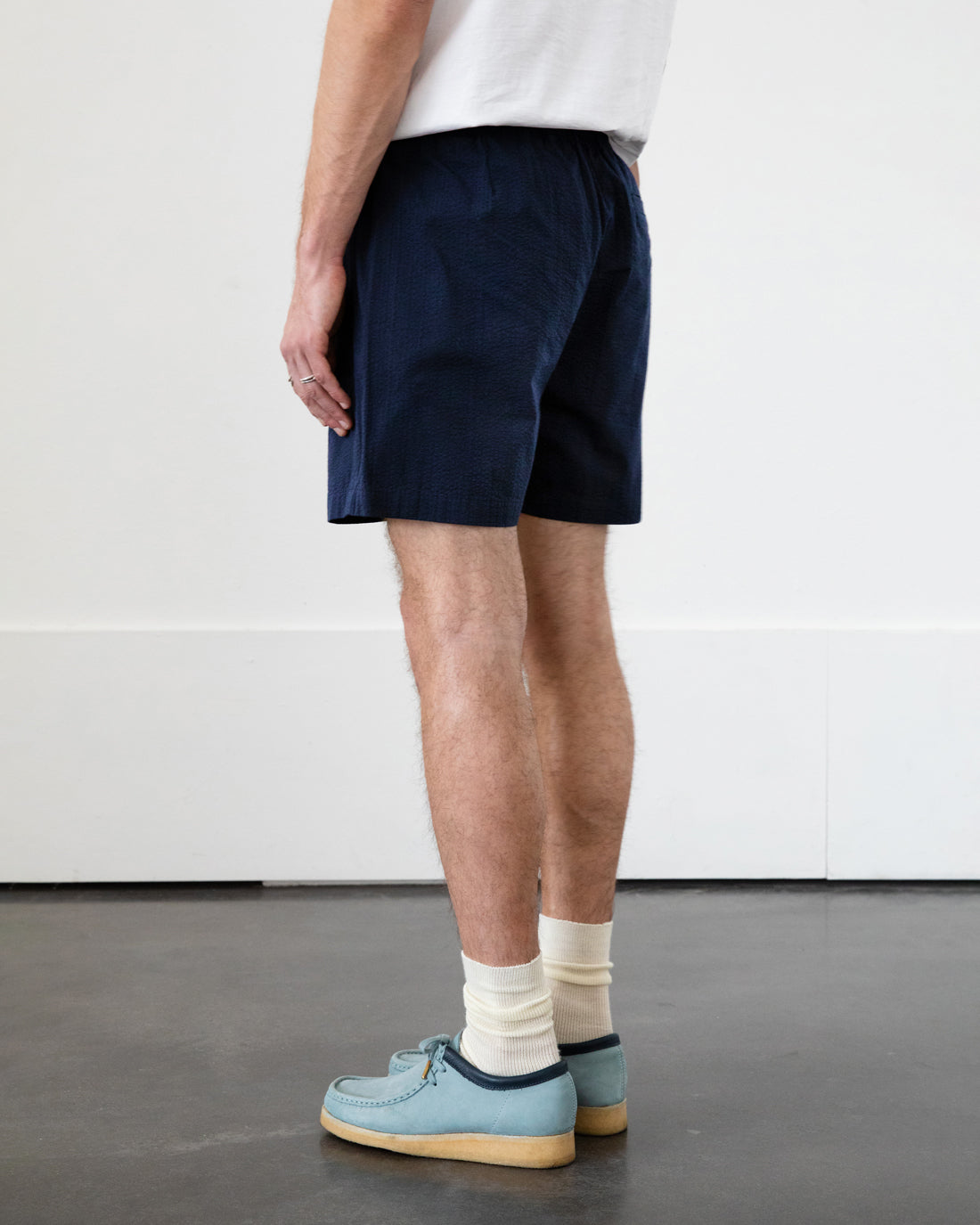 Short seersucker trousers, organic cotton - dark blue