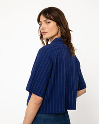 Kurzes Gestreiftes Bowling Shirt Bio Baumwolle - Dunkelblau