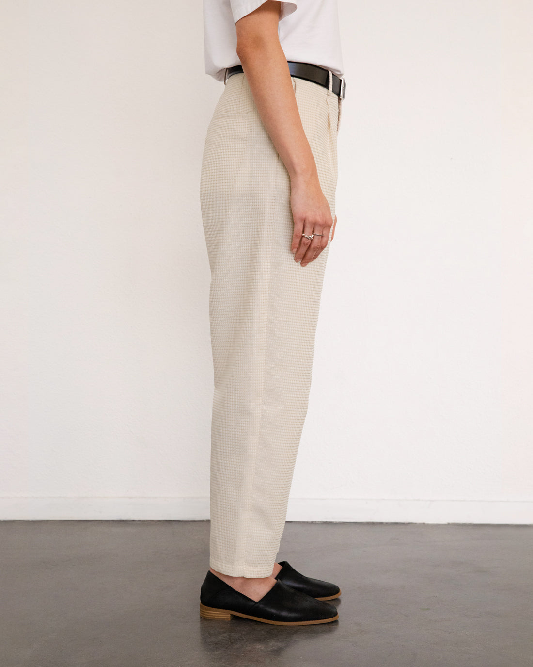High-waisted waffle trousers, organic cotton - Cream