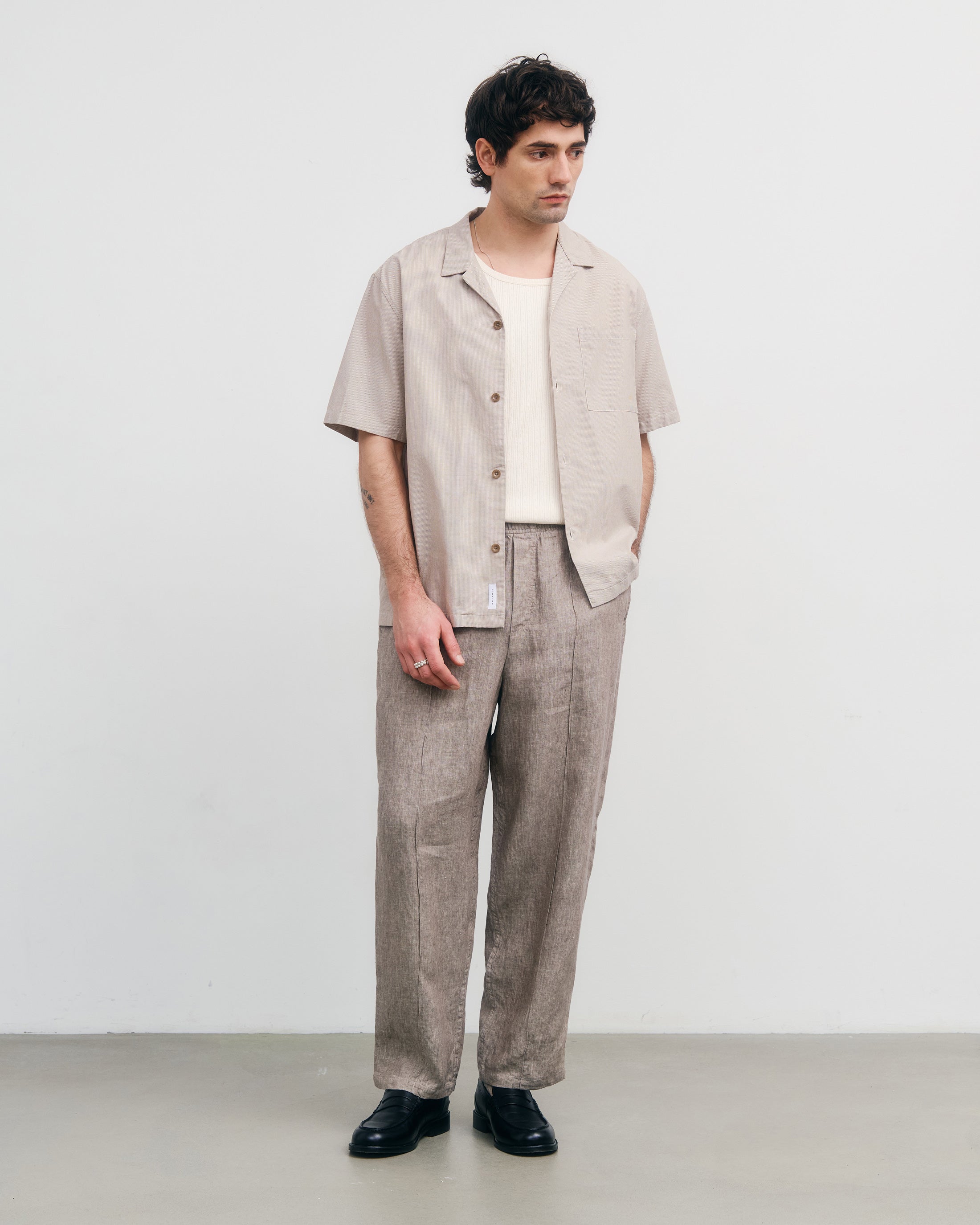 Striped Organic Cotton Bowling Shirt - Beige