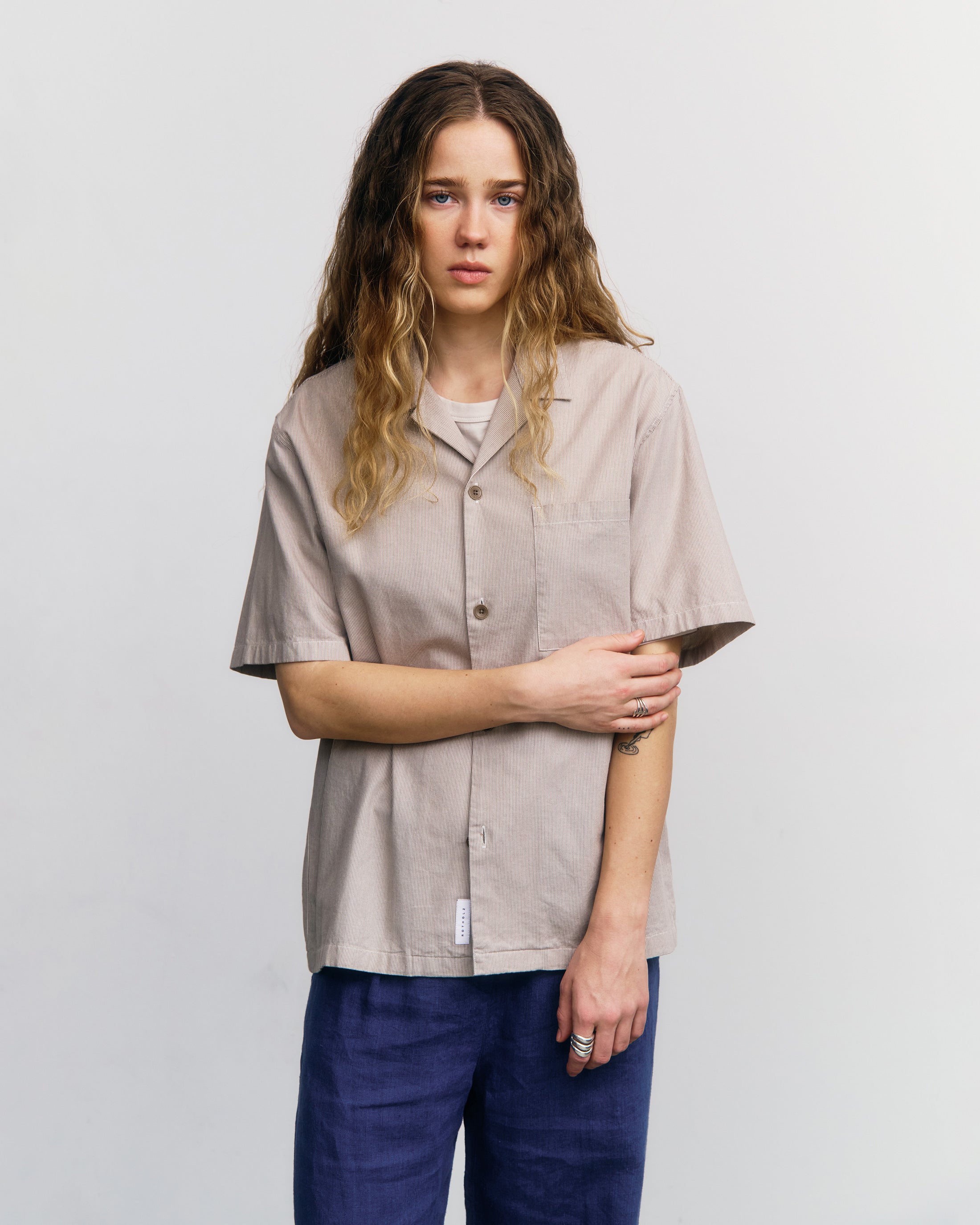 Gestreiftes Bowling Shirt Bio Baumwolle - Beige
