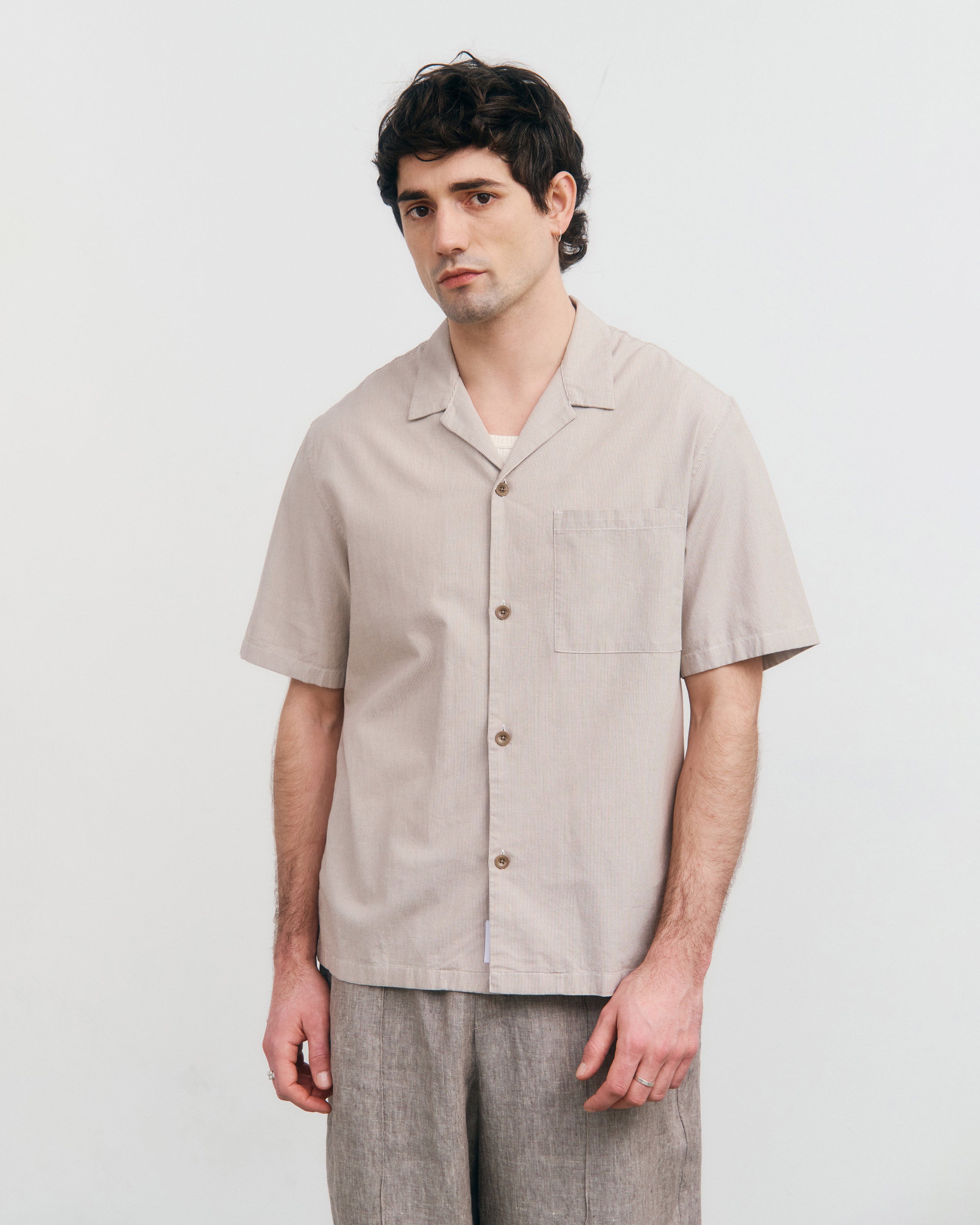 Striped Organic Cotton Bowling Shirt - Beige