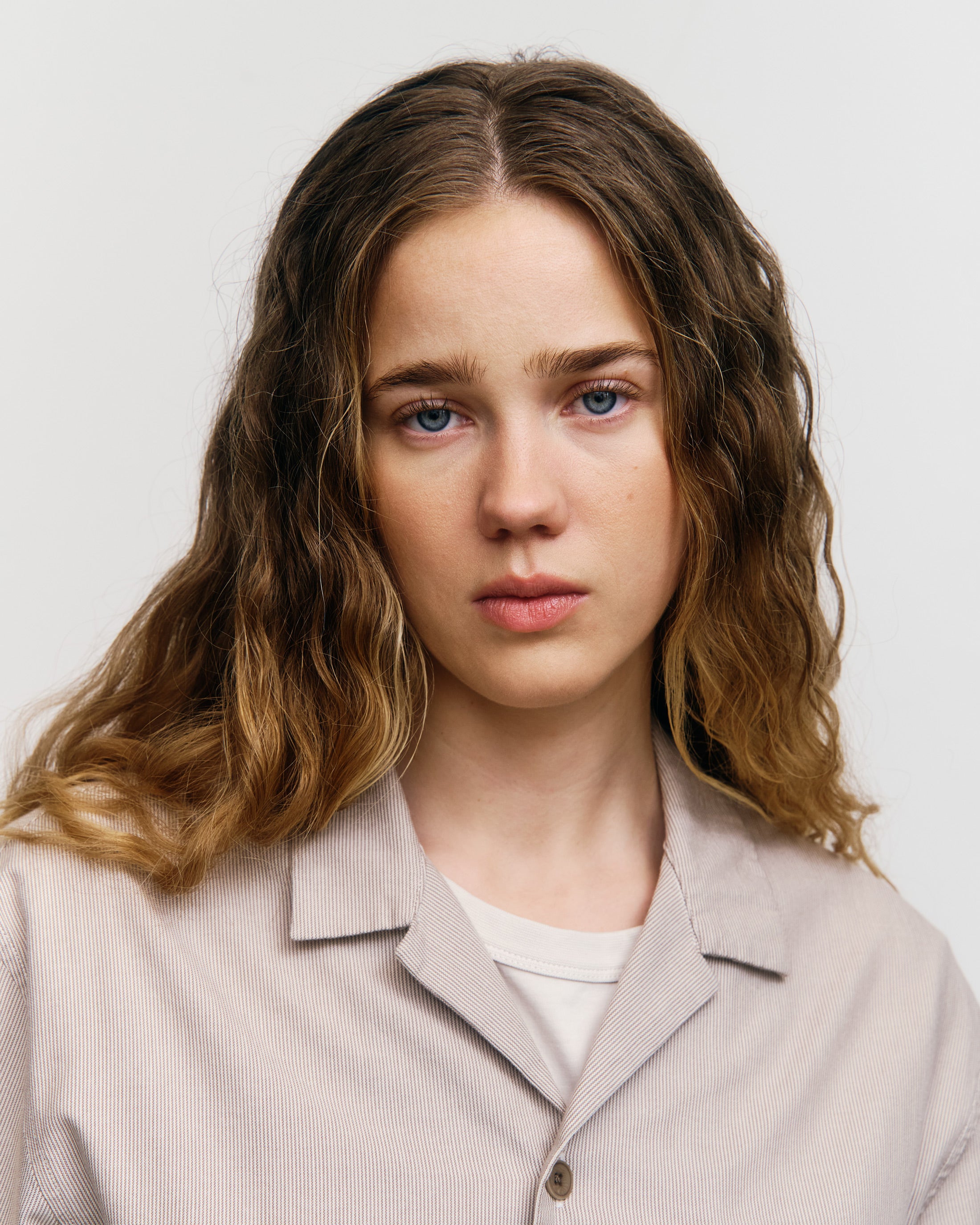 Gestreiftes Bowling Shirt Bio Baumwolle - Beige