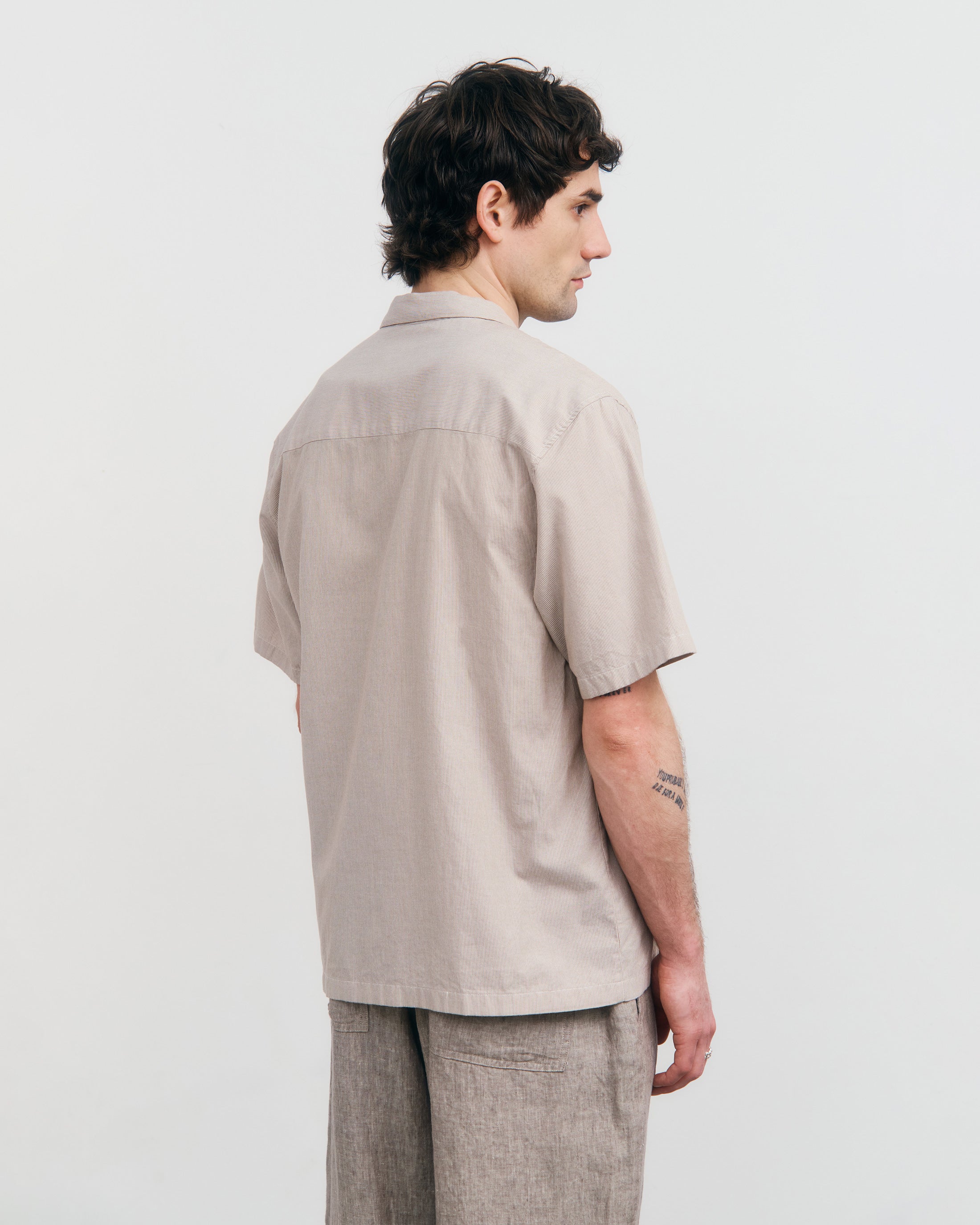 Striped Organic Cotton Bowling Shirt - Beige