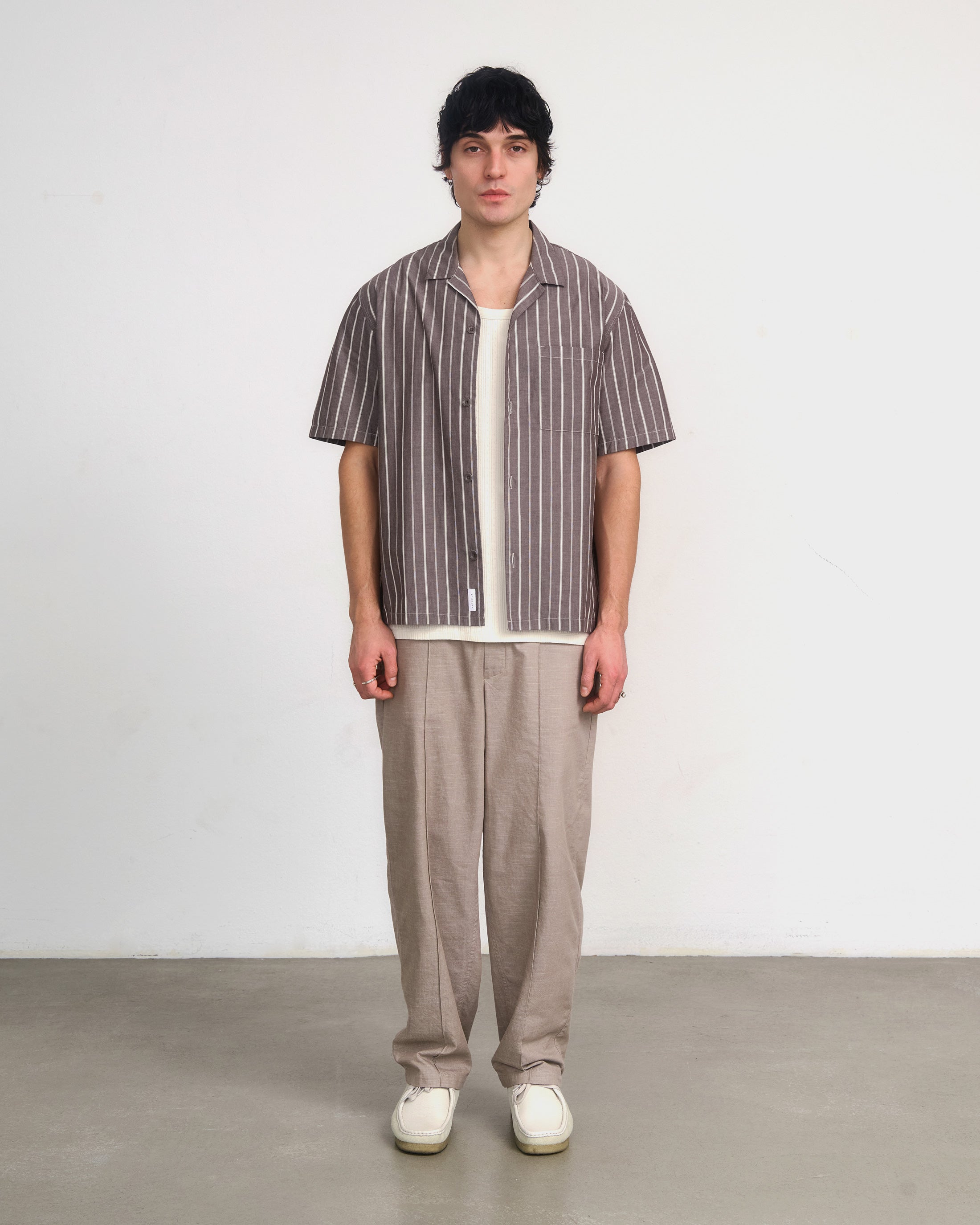 Striped Organic Cotton Bowling Shirt - Brown