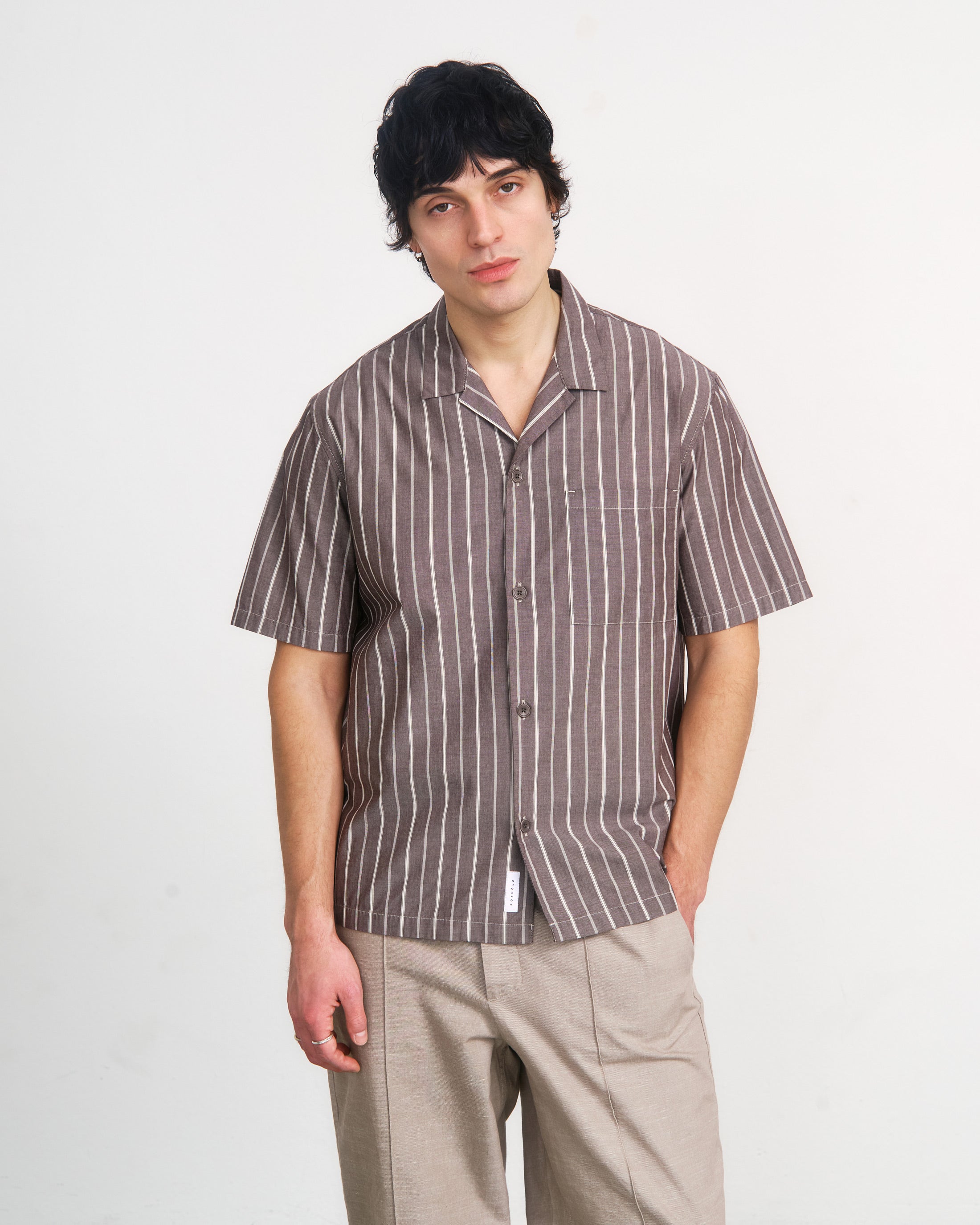 Striped Organic Cotton Bowling Shirt - Brown