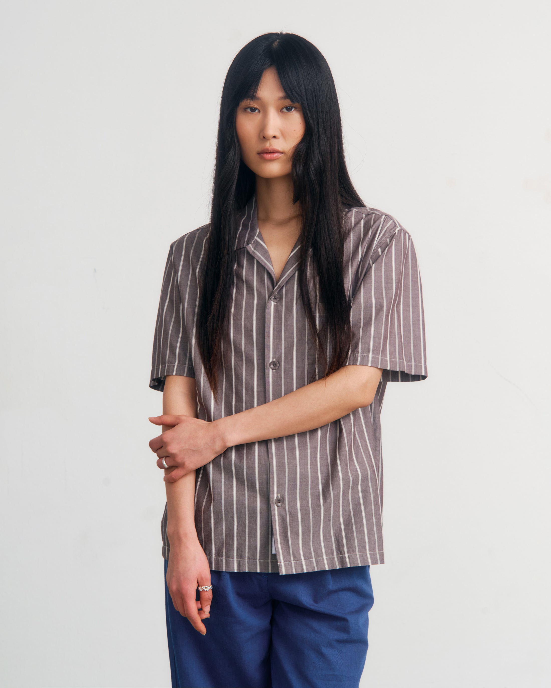 Gestreiftes Bowling Shirt Bio Baumwolle - Braun