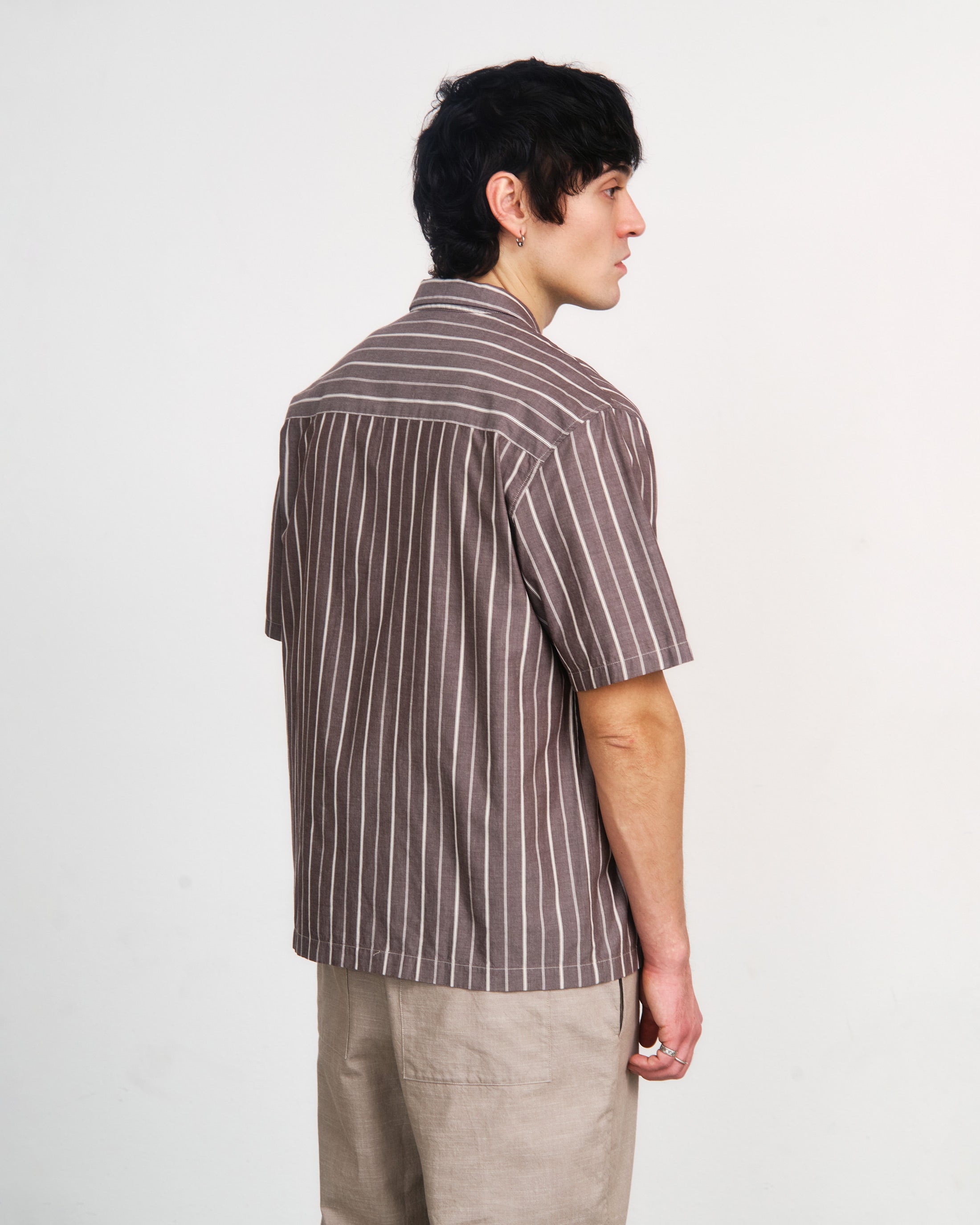 Striped Organic Cotton Bowling Shirt - Brown