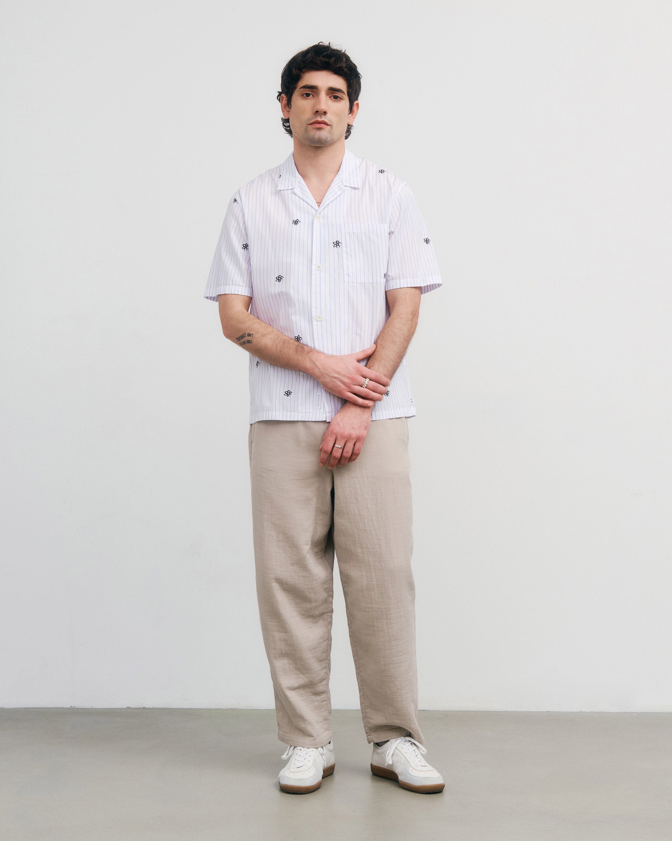 Flower Print Bowling Shirt Organic Cotton - Striped