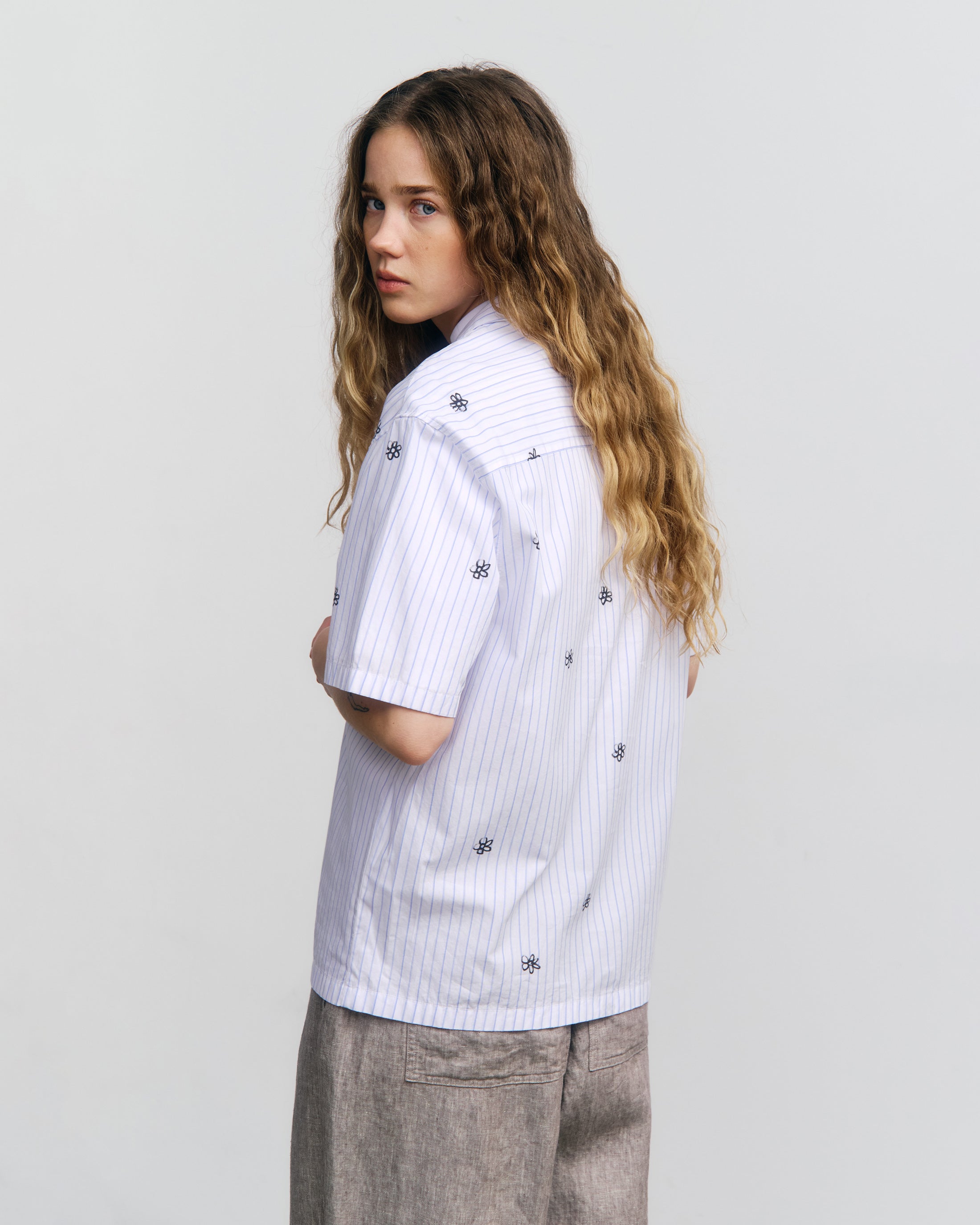 Flower Print Bowling Shirt Bio Baumwolle - Gestreift