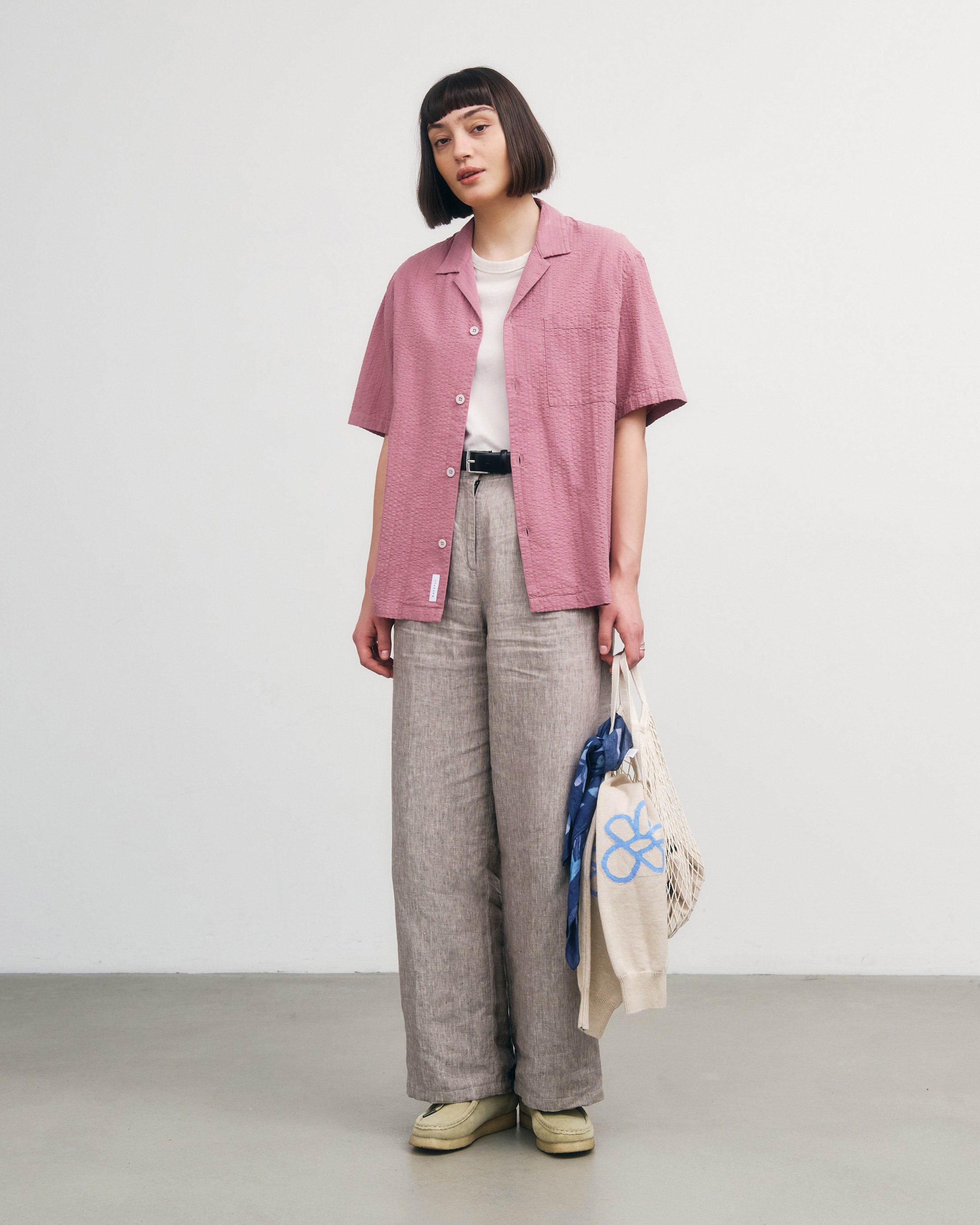 Seersucker Organic Cotton Bowling Shirt - Pink