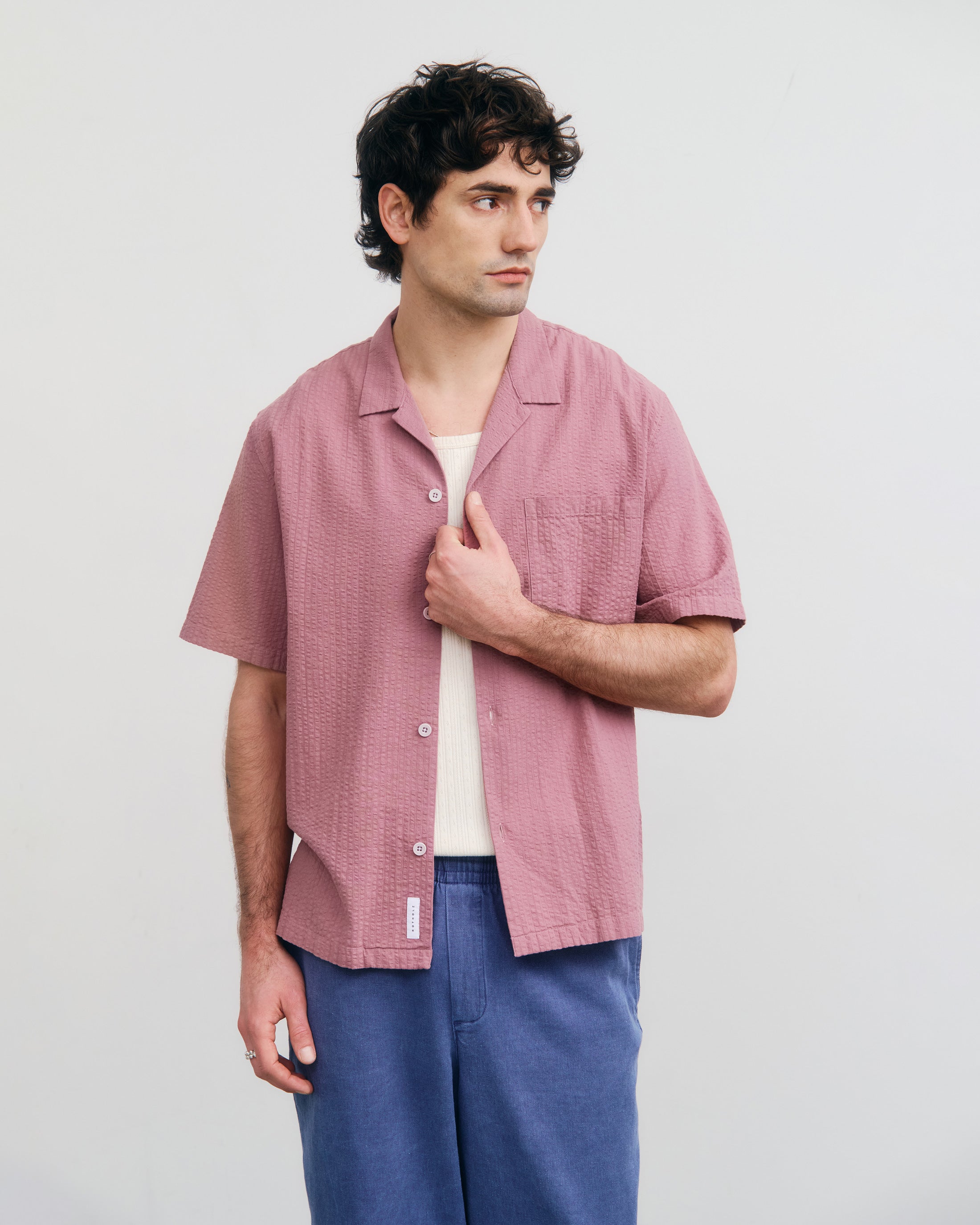 Organic Cotton Seersucker Bowling Shirt - Pink