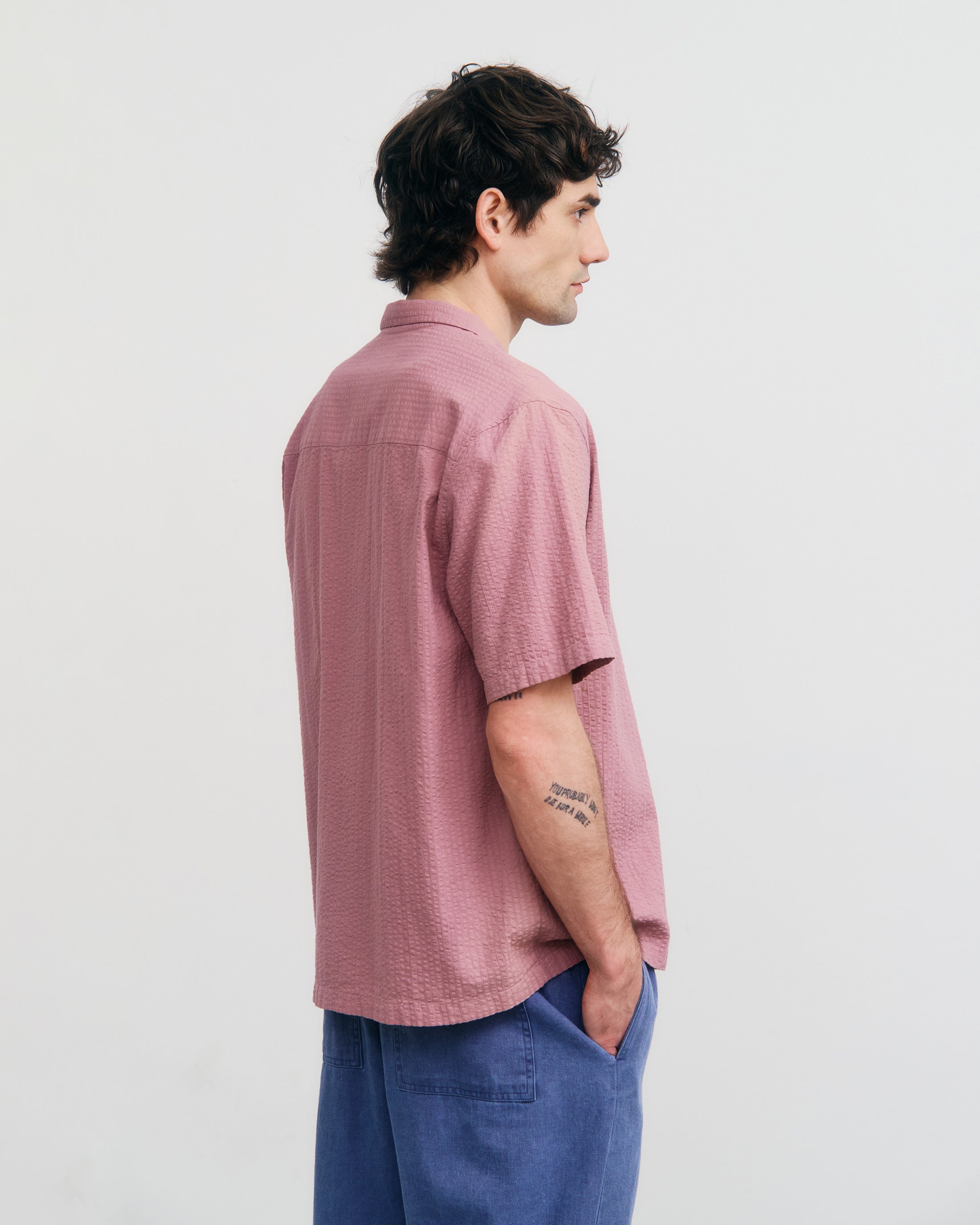Organic Cotton Seersucker Bowling Shirt - Pink