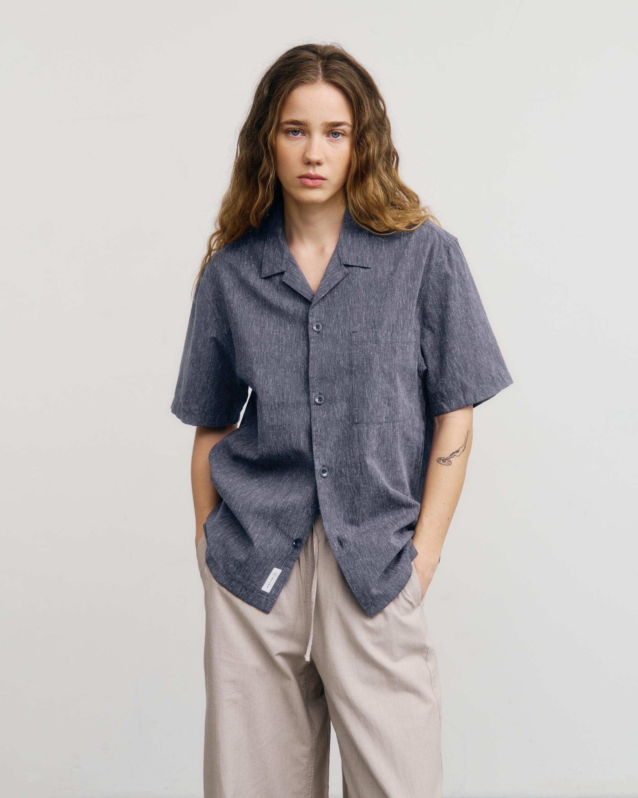 Meliertes Bowling Shirt Bio Baumwolle - Blau