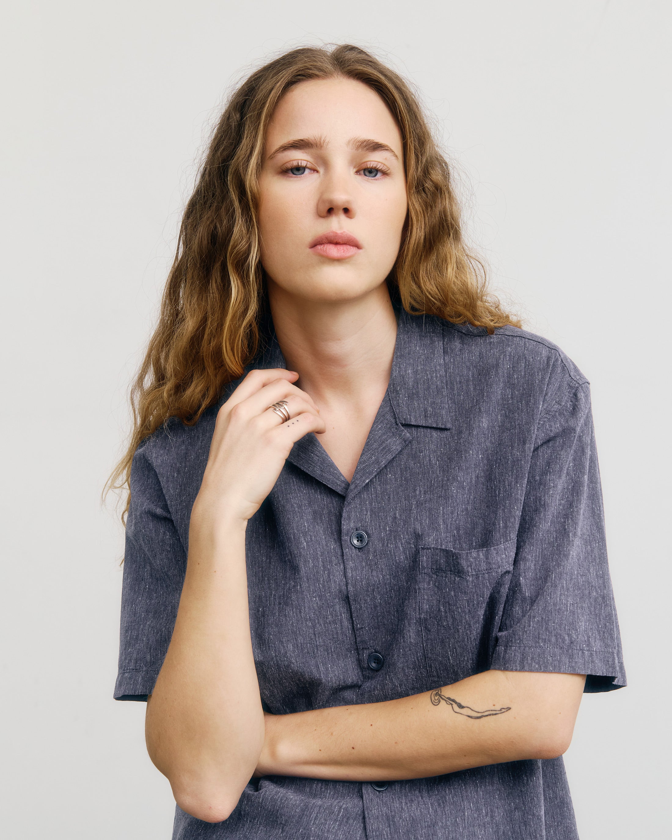 Meliertes Bowling Shirt Bio Baumwolle - Blau