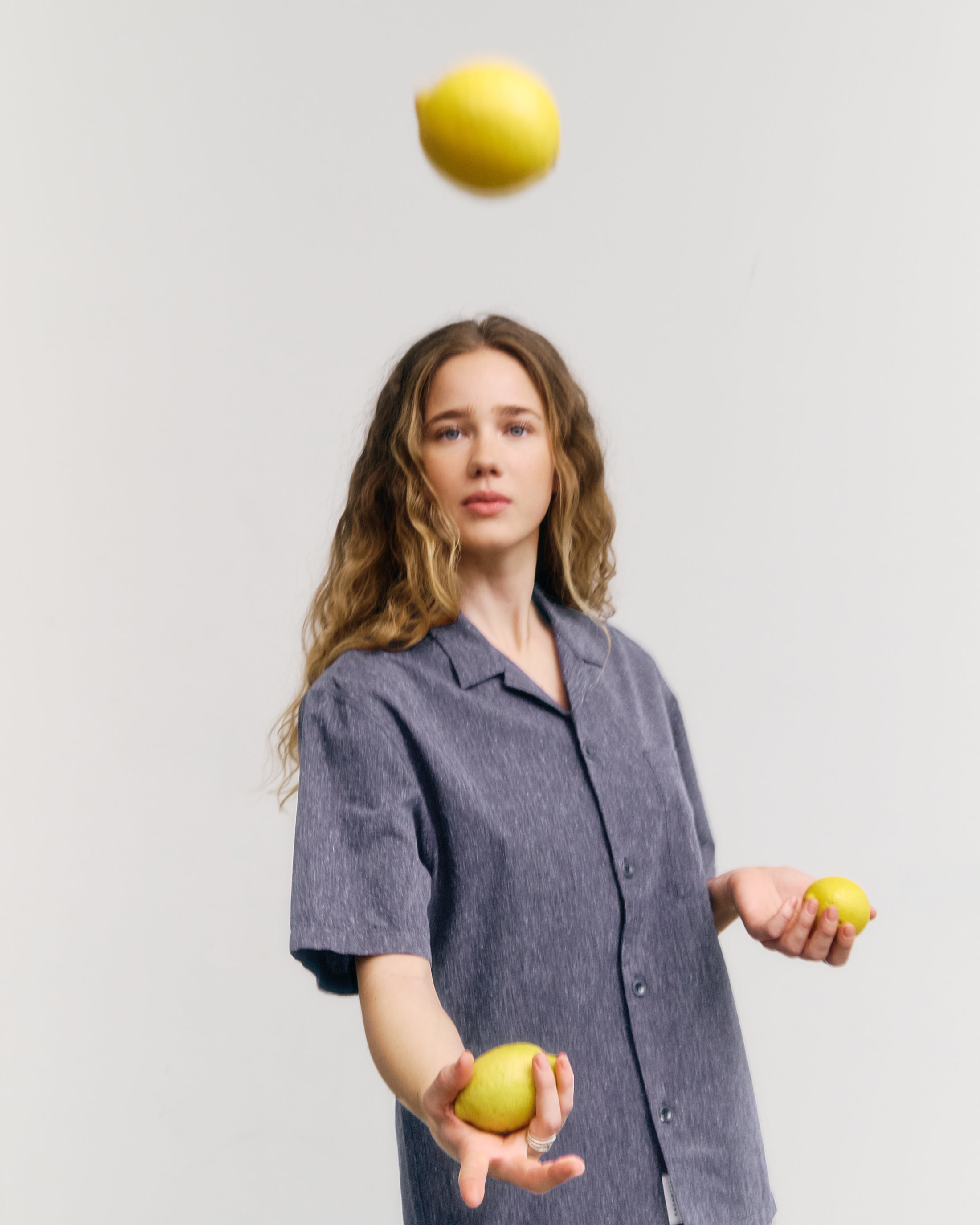 Meliertes Bowling Shirt Bio Baumwolle - Blau