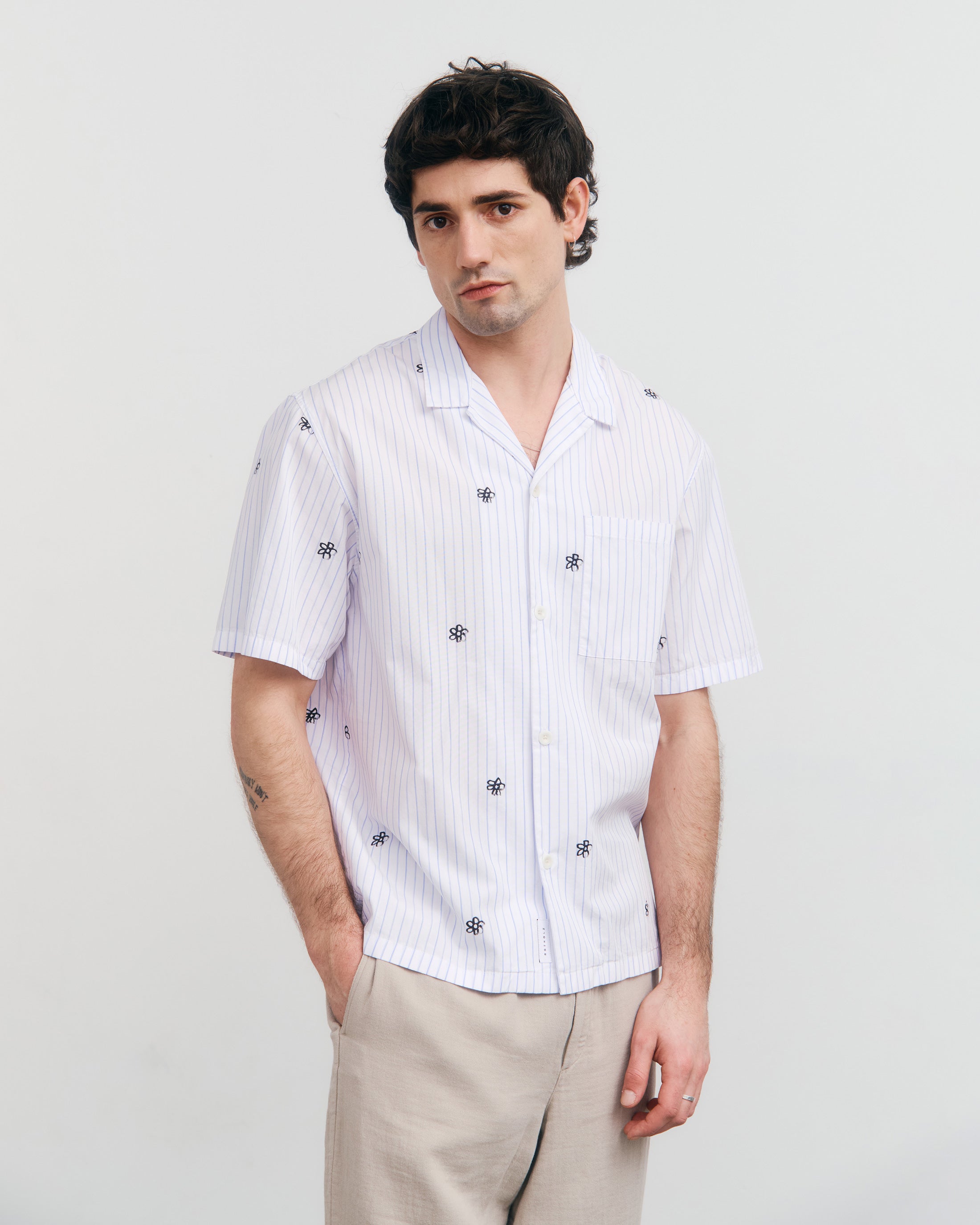 Flower Print Bowling Shirt Organic Cotton - Striped